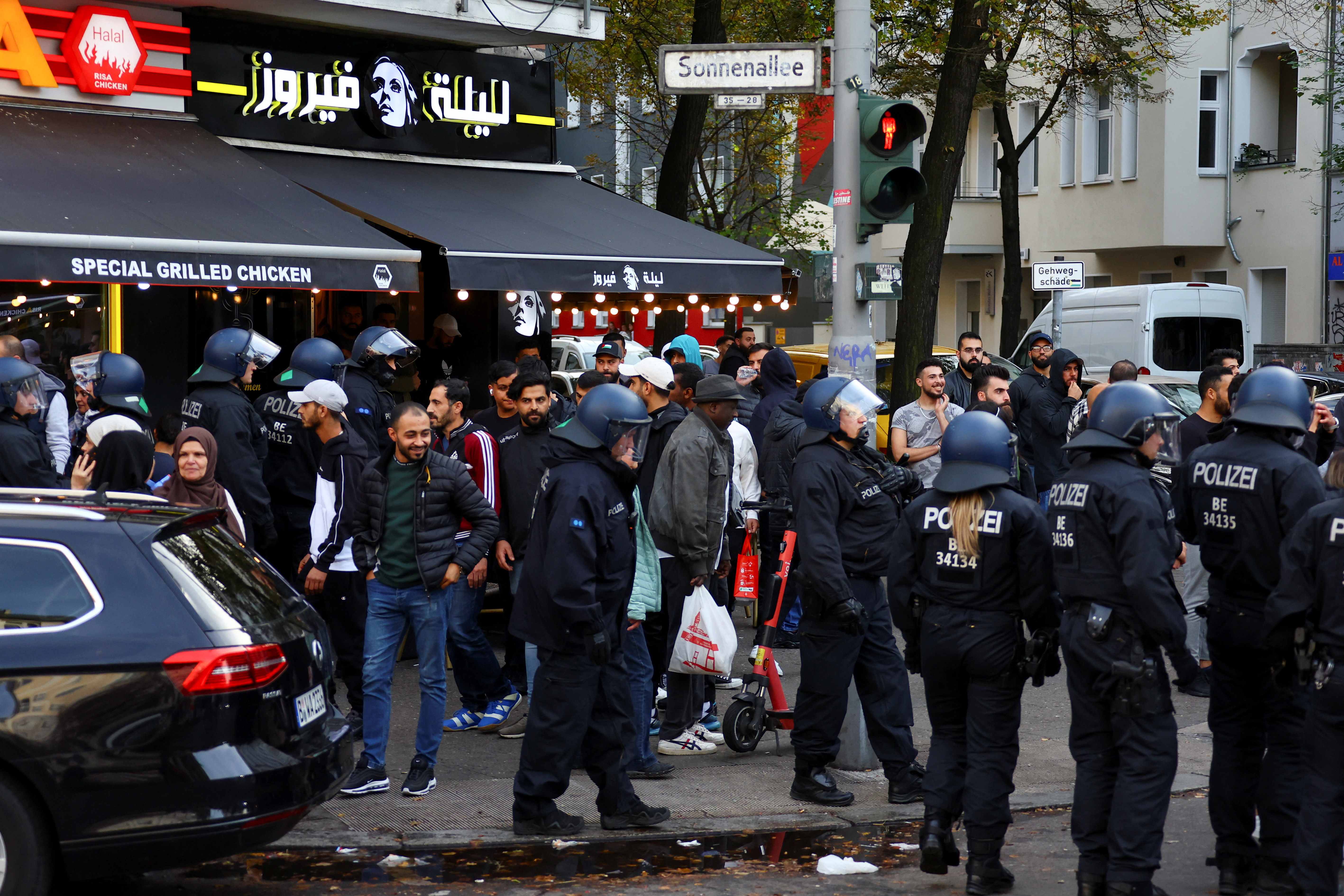 German police observe during a pro-Palestinian demonstration at Berlin's Neukoelln district during the ongoing conflict between Israel and the Palestinian Islamist group Hamas, in Berlin, Germany, October 11, 2023