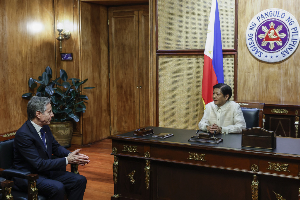 US Secretary of State Antony Blinken, left, attends a meeting with Philippines’ President Ferdinand Marcos Jr, at Malacanang Palace in Manila, Philippines, on March 19, 2024
