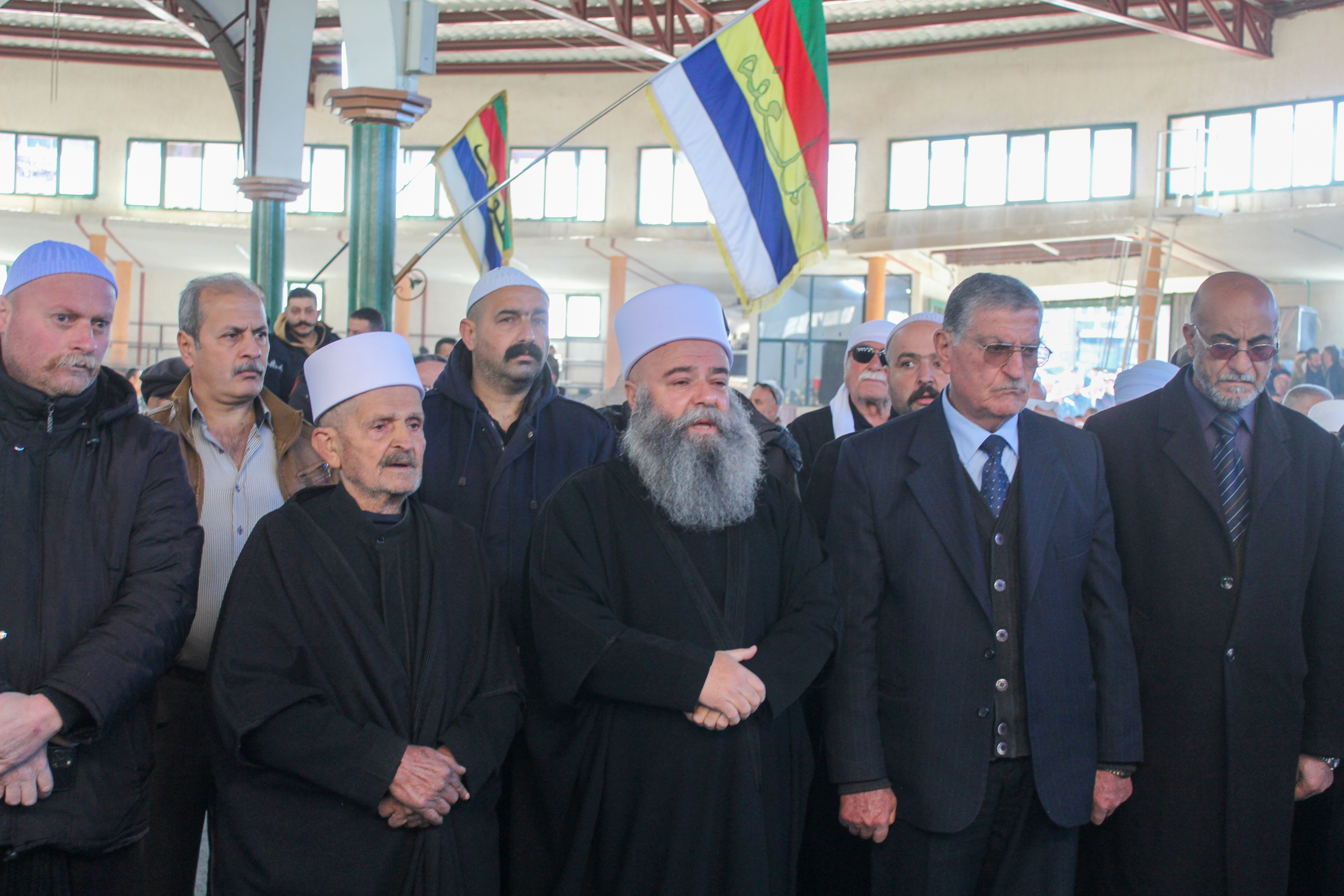 Druze spiritual leader Sheikh Youssef Jarbou (centre) at the funeral of Jawad al-Barouki, 52, who was killed by regime forces earlier this week in Sweida, southern Syria