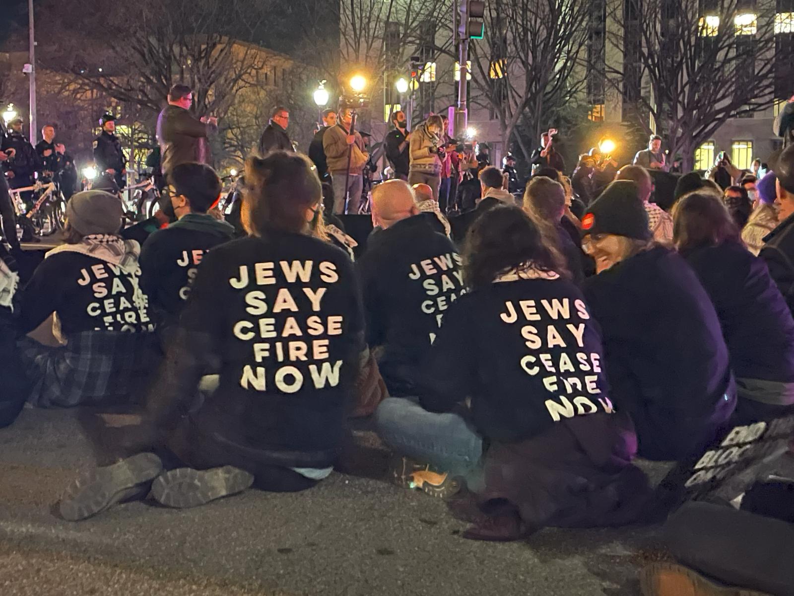 Protesters demanding a ceasefire block a road leading to the US Capitol