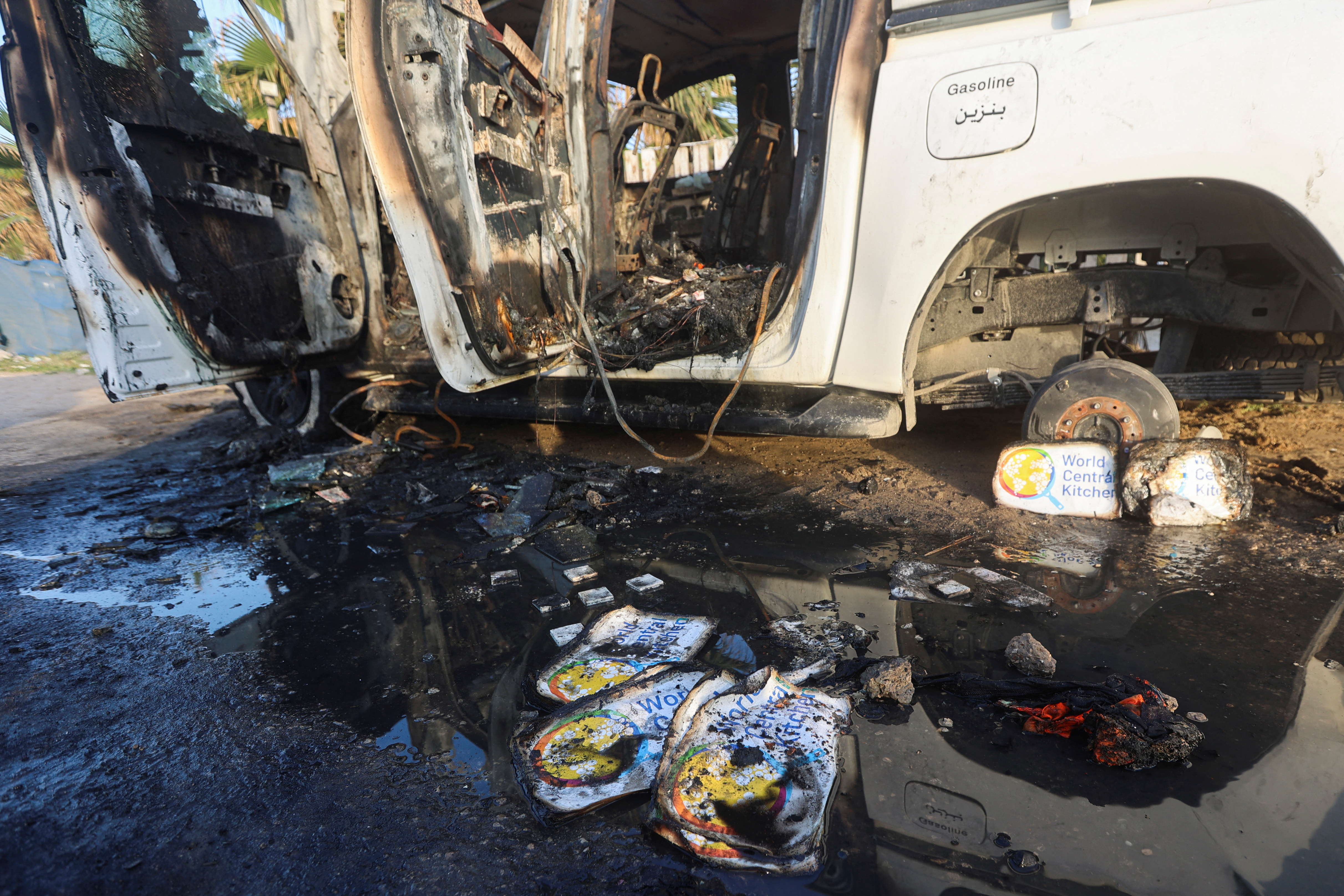 A view of the vehicle where employees from the WCK, including foreigners, were killed in an Israeli air attack in Deir el-Balah, in the central Gaza Strip