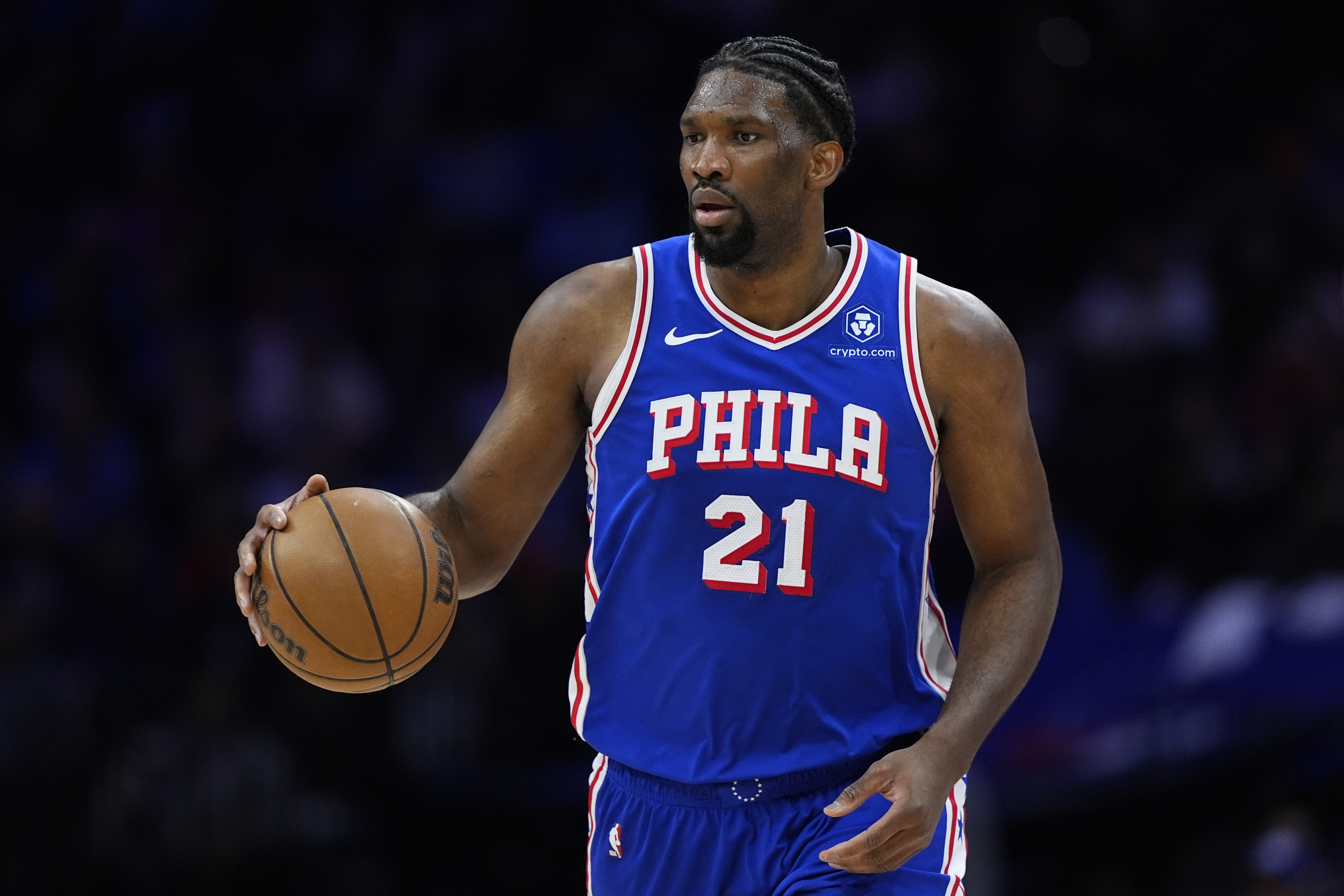 Philadelphia 76ers’ Joel Embiid plays during an NBA game, on April 2, 2024, in Philadelphia
