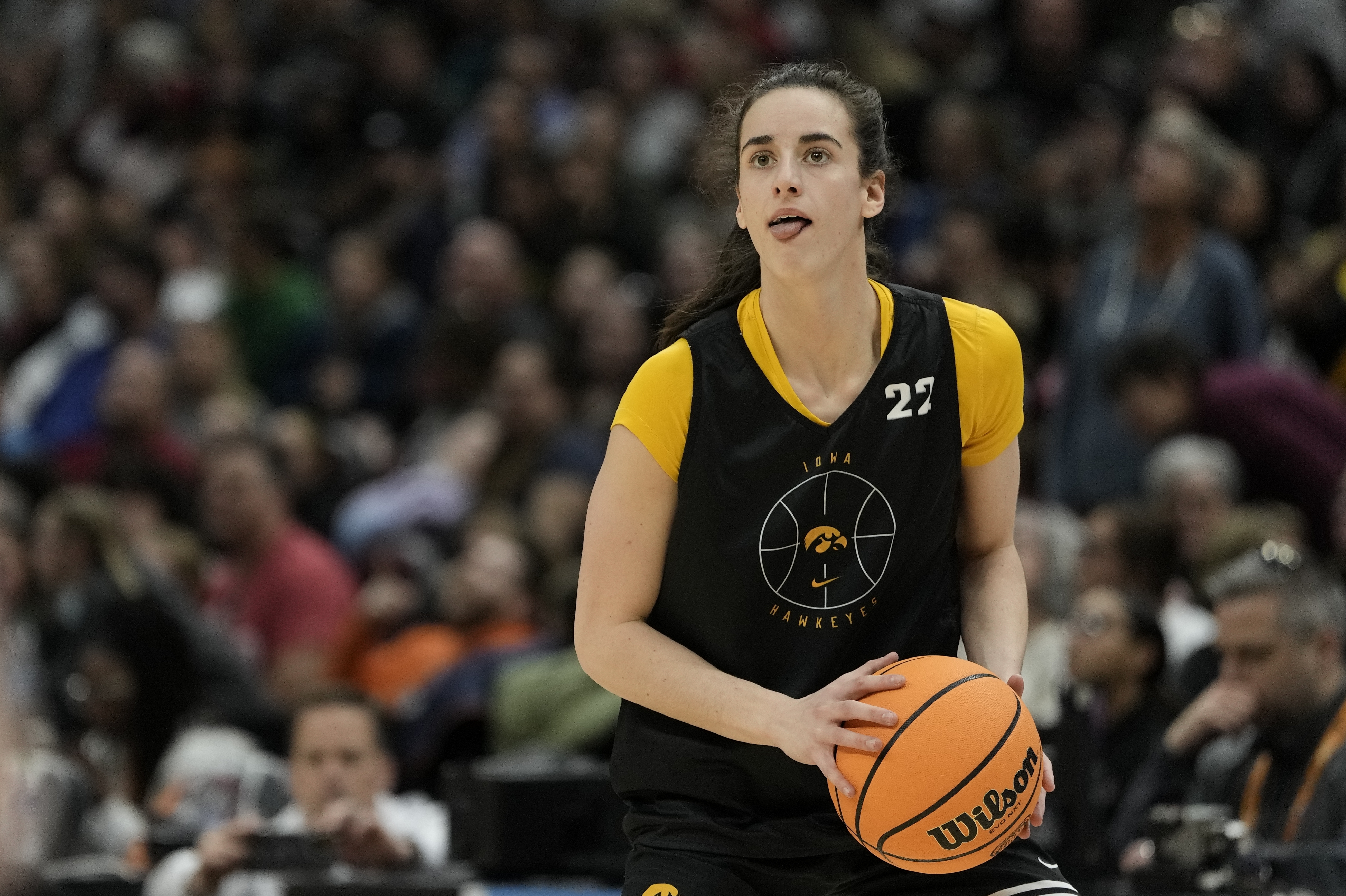 Iowa’s Caitlin Clark shoots during practice for the NCAA Women’s Final Four championship basketball game on April 6, 2024, in Cleveland, United States