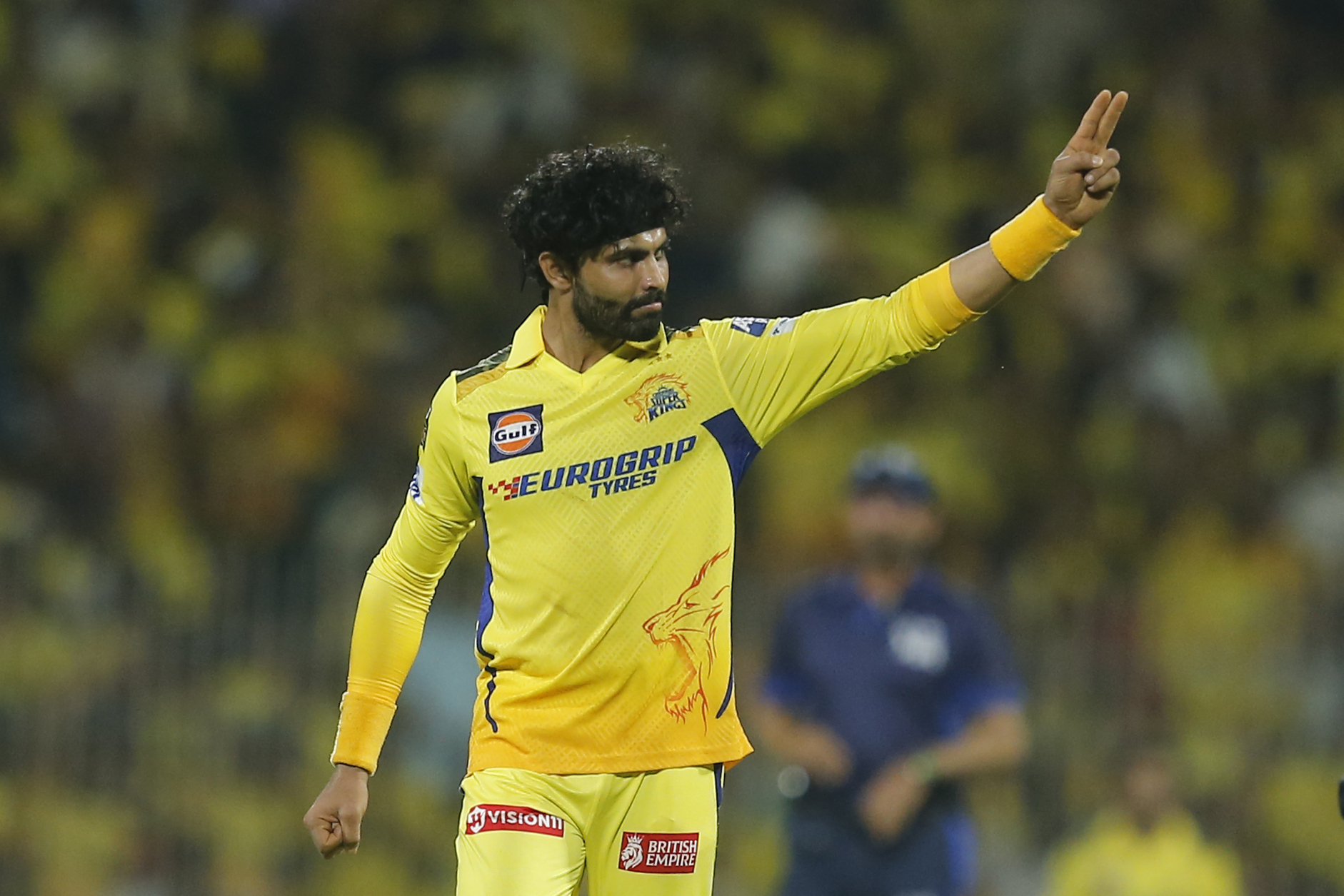 Chennai Super Kings' Ravindra Jadeja waves to crowd.