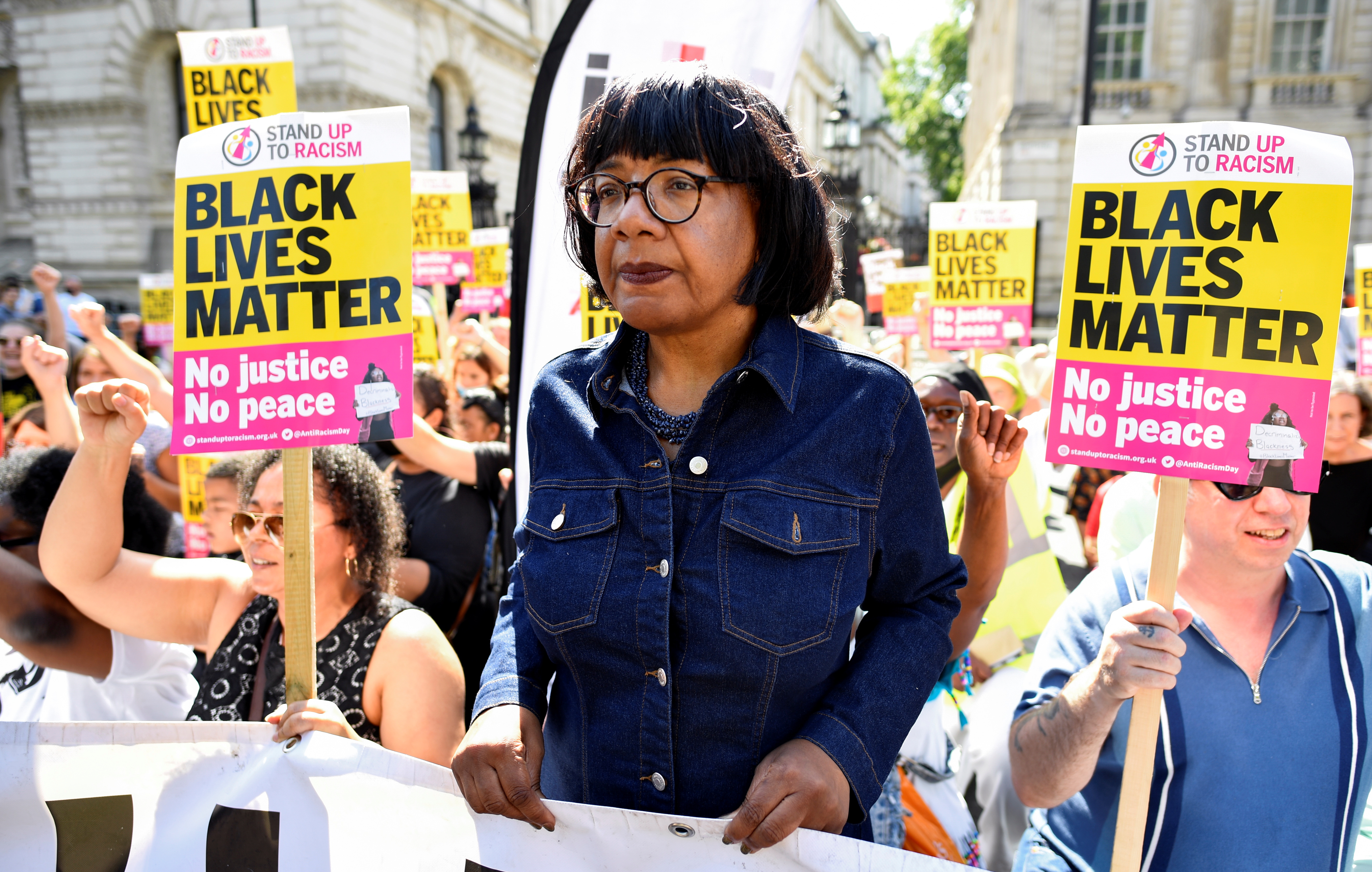 British Labour MP Diane Abbott takes part in a demonstration against racism outside Downing Street in London
