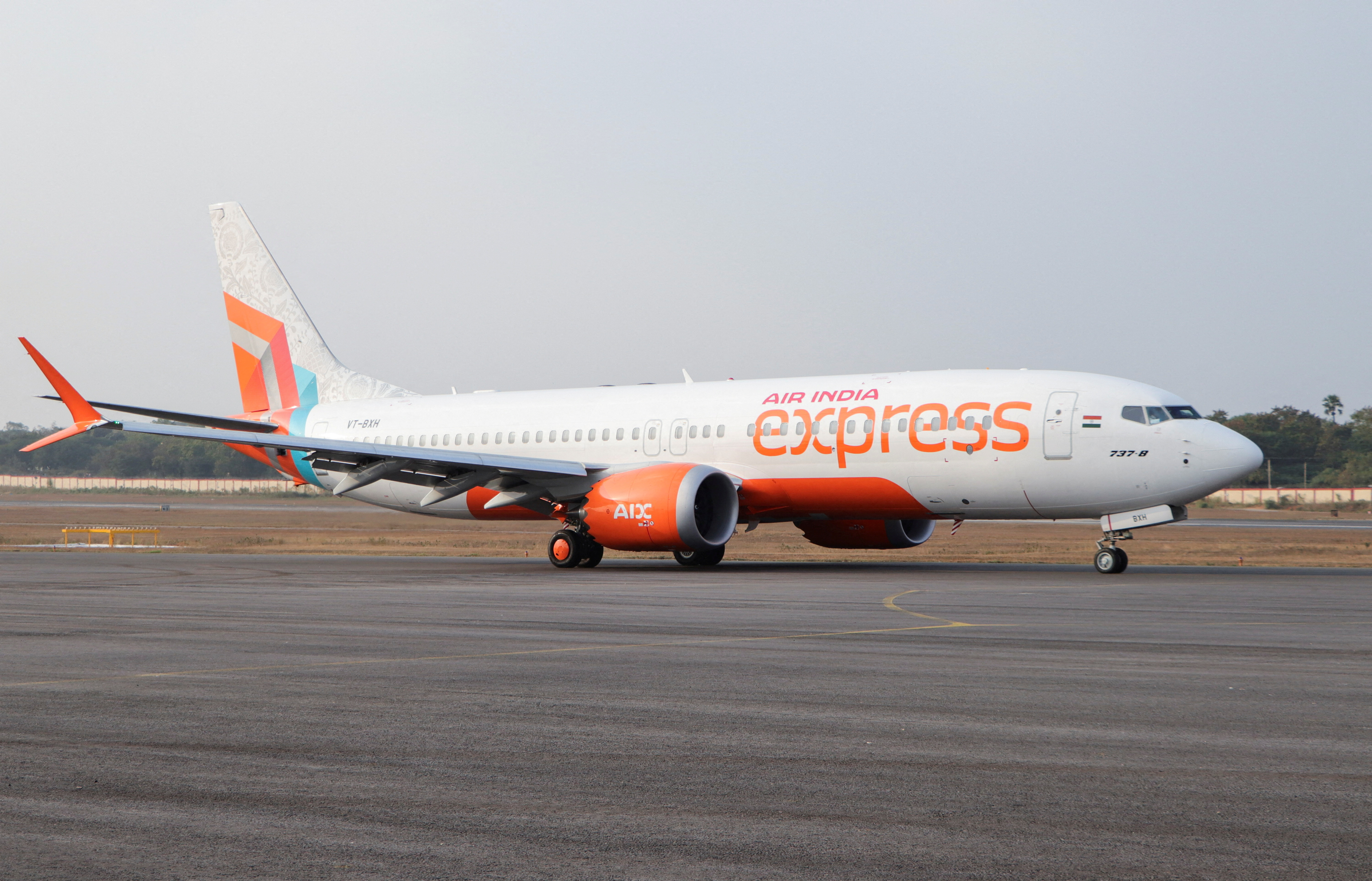 An Air India Express aircraft is displayed at Wings India 2024 aviation event at Begumpet airport, Hyderabad, India,