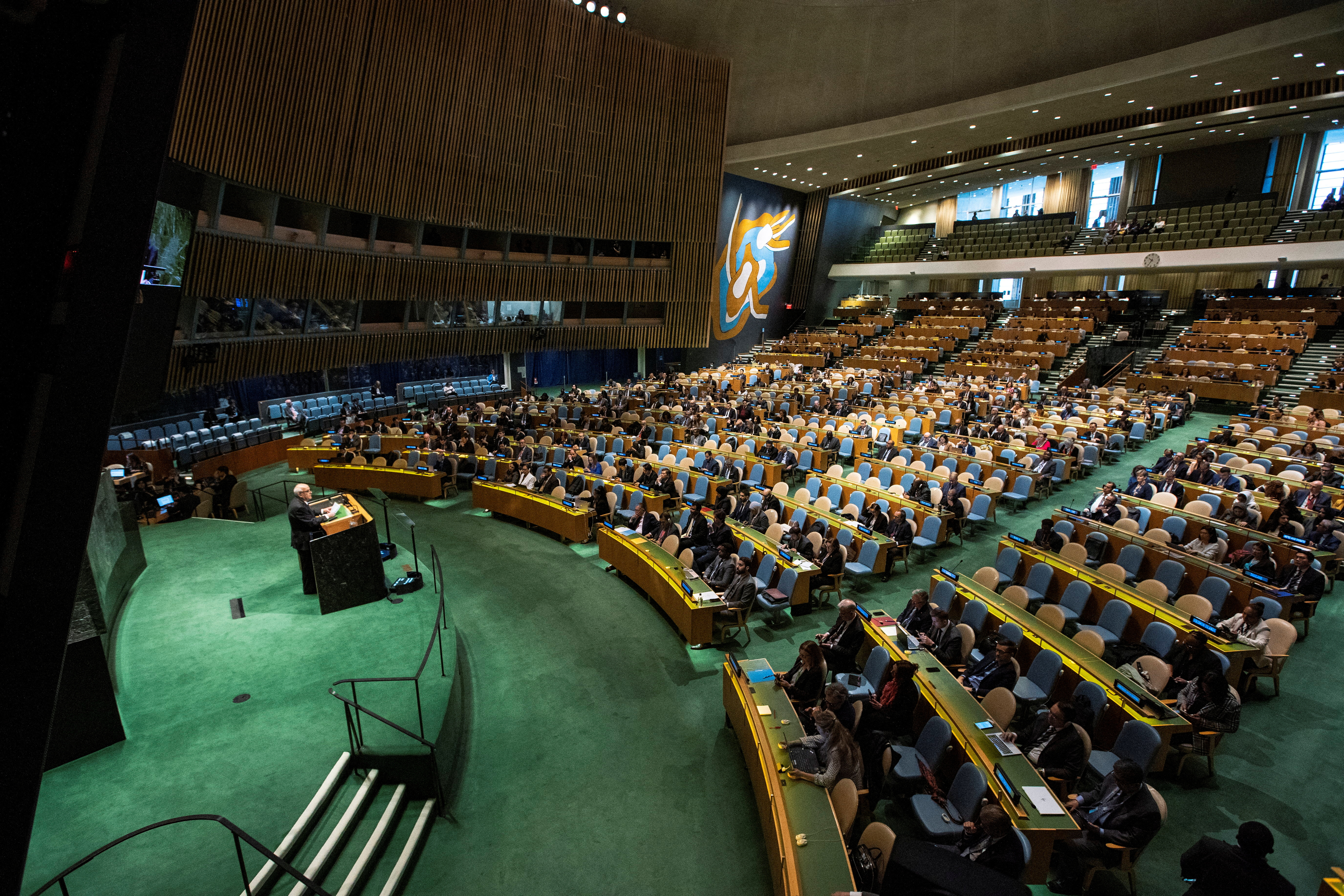 Palestinian Ambassador to the United Nations Riyad Mansour addresses delegates during the United Nations General Assembly before voting on a draft resolution that would recognize the Palestinians as qualified to become a full U.N. member, in New York City, U.S. May 10, 2024. REUTERS/Eduardo Munoz