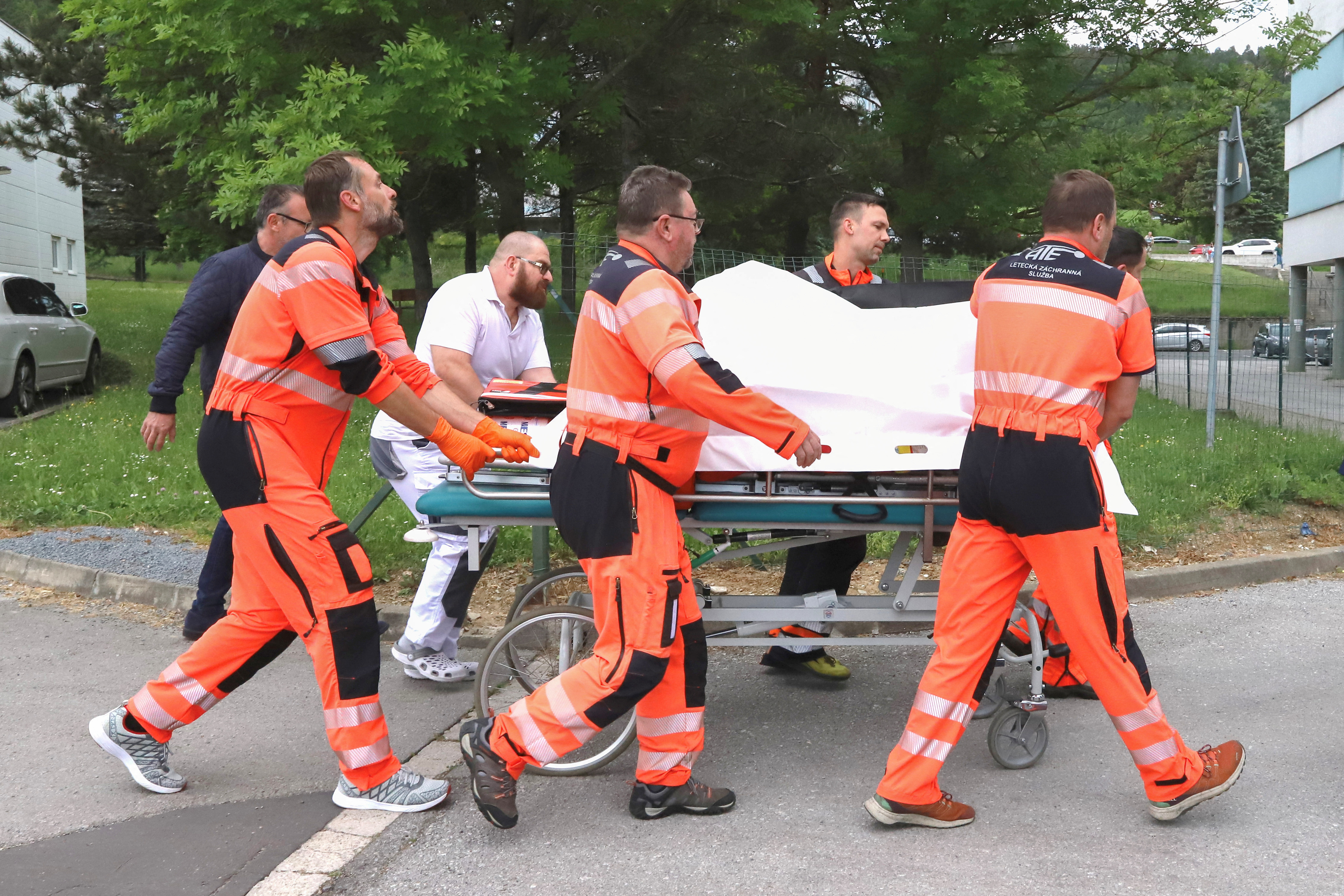Slovak Prime Minister Robert Fico is transferred at the F.D. Roosevelt University Hospital after he was wounded in a shooting incident in Handlova, in Banska Bystrica, Slovakia, May 15, 2024. REUTERS/Stringer