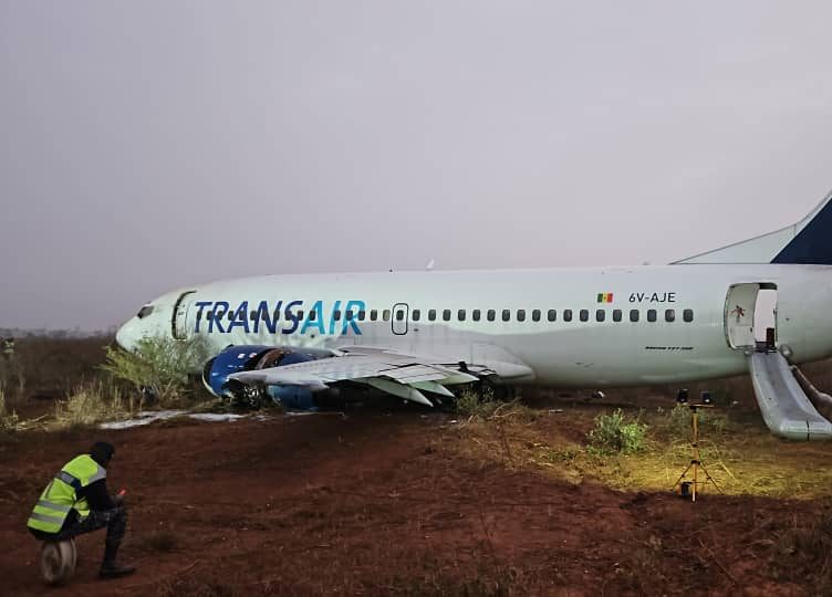 Boeing 737 of Transair en route to Bamako skids off runway at Dakar International Airport in Senegal