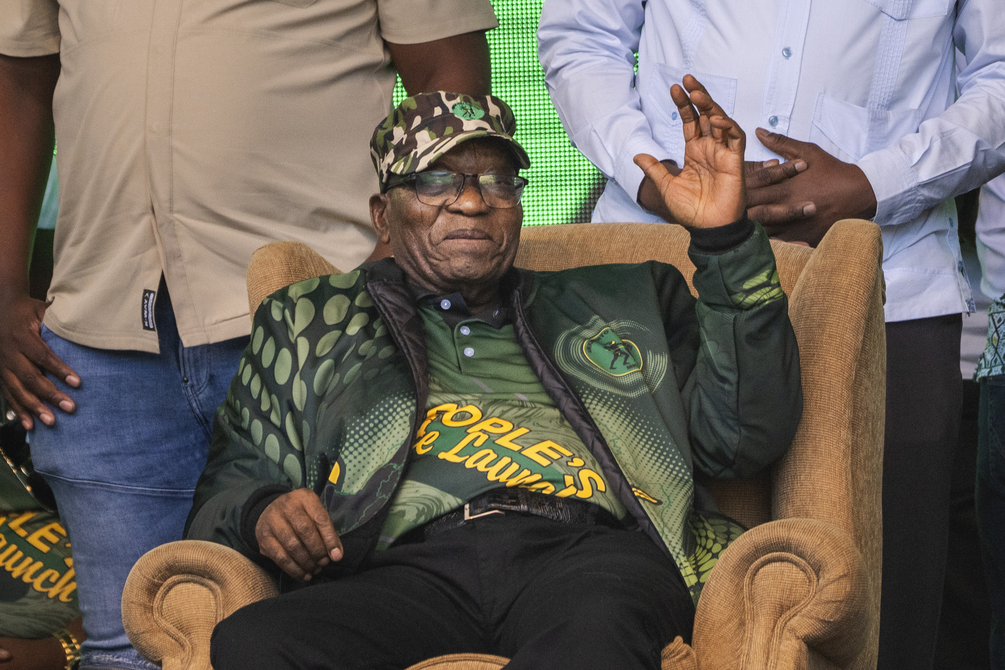 Former South African President Jacob Zuma greets uMkhonto we Sizwe (MK) party supporters at Orlando stadium in Soweto on May 18, 2024