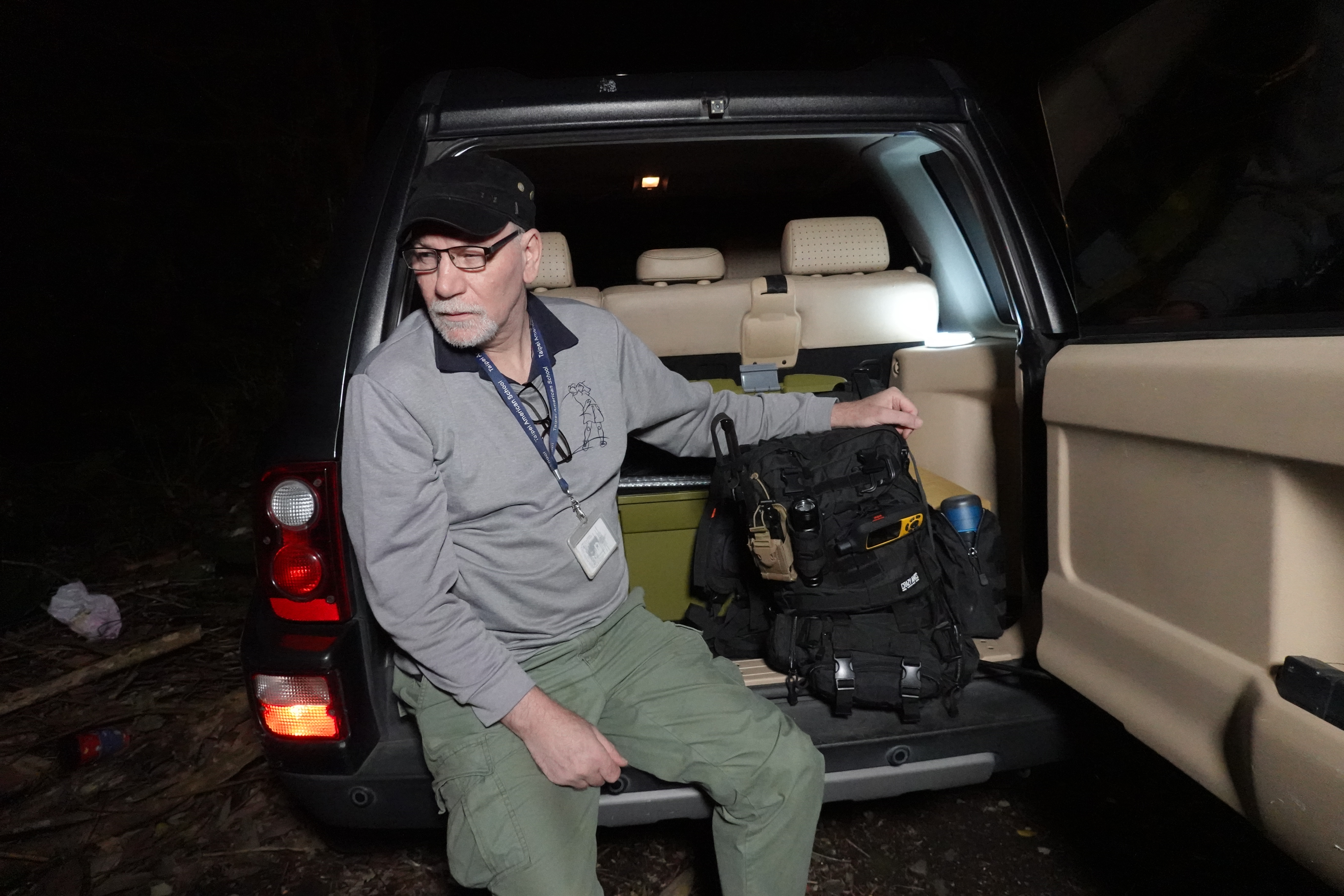 Tobie Openshaw, 61, in his car with his grab-and-go bag, prepared for a disaster