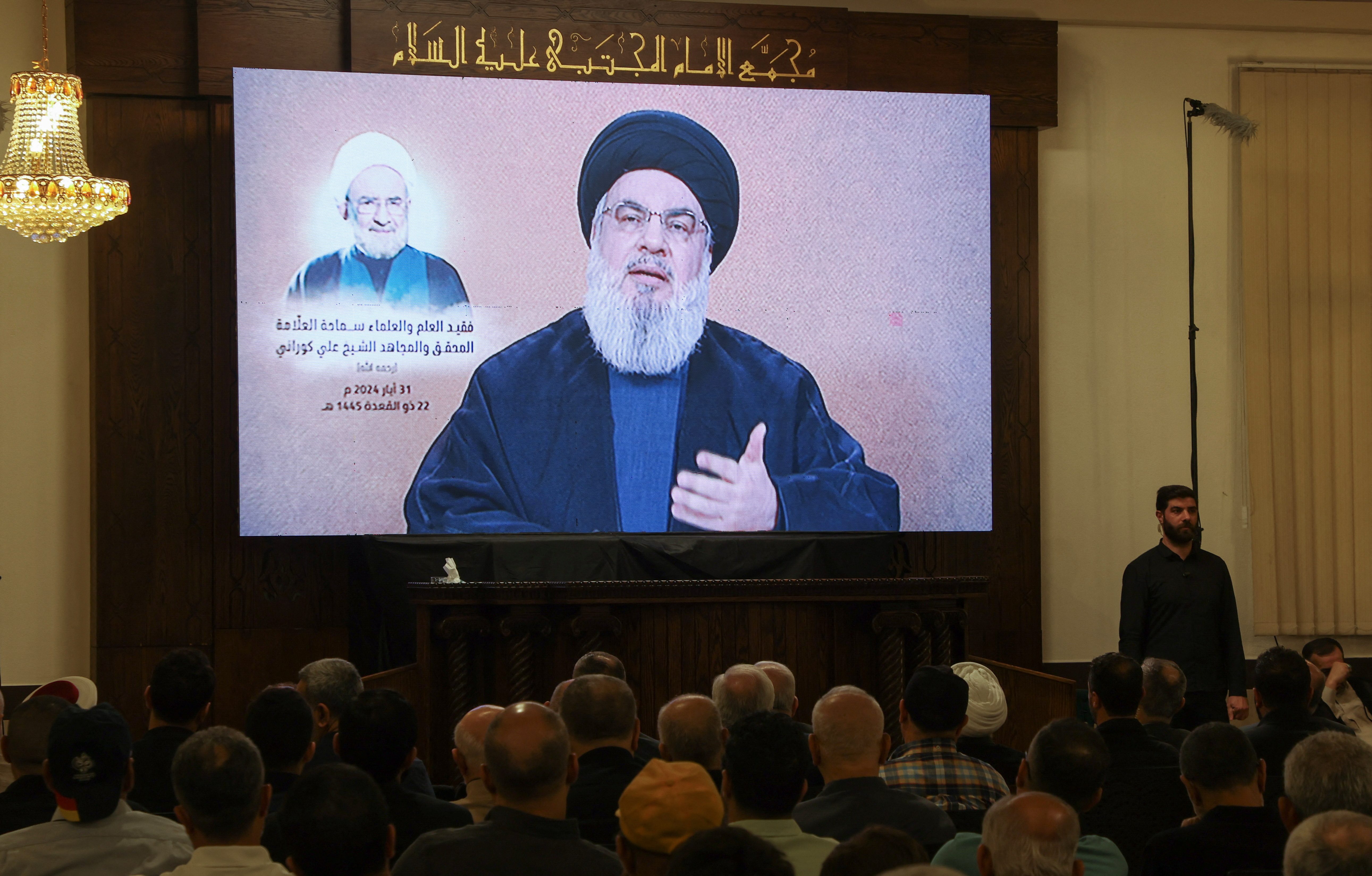 Lebanon’s Hezbollah leader Sayyed Hassan Nasrallah gives a televised address during a ceremony, in Beirut’s southern suburbs, Lebanon May 31, 2024.