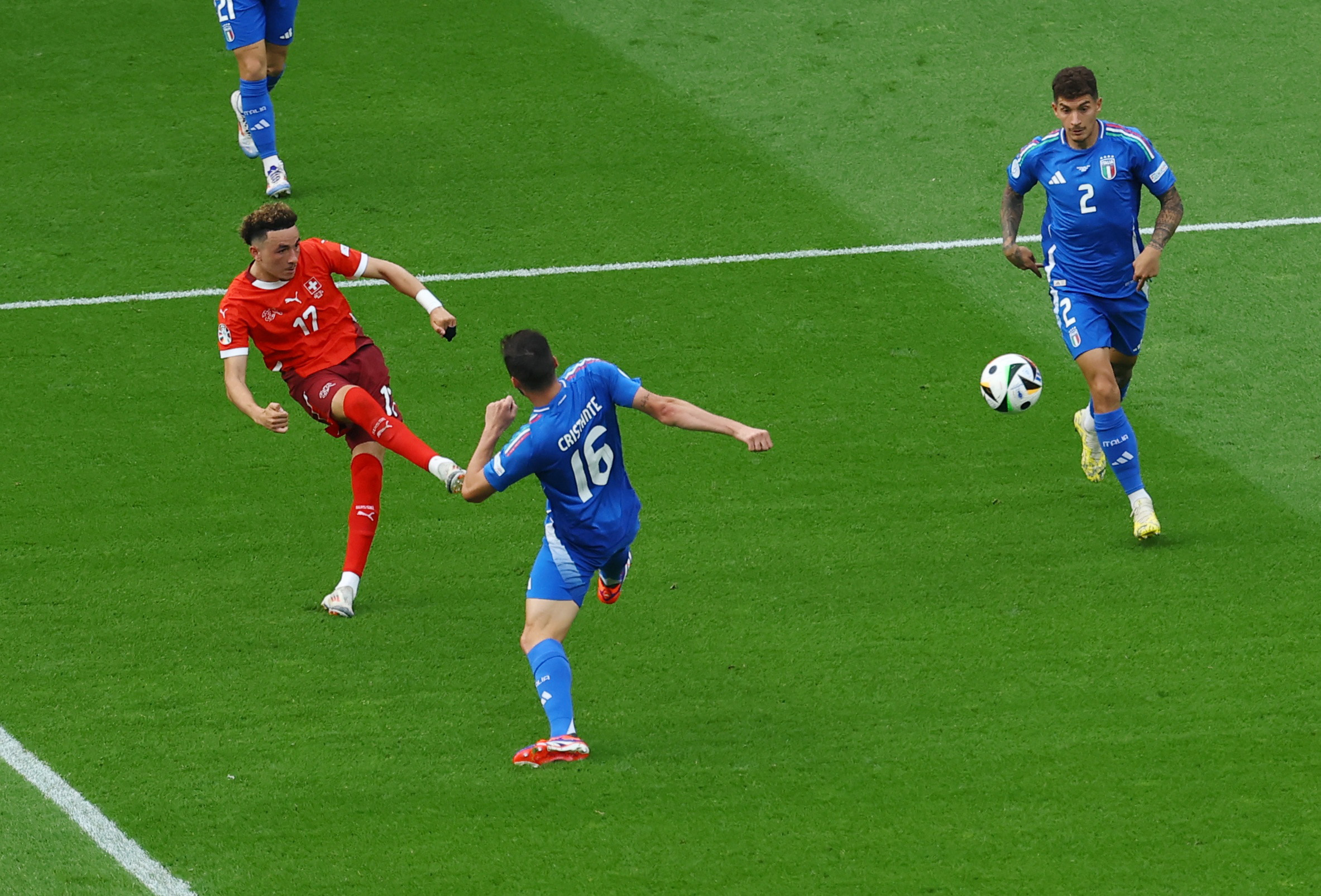 Switzerland’s Ruben Vargas scores their second goal in the 46th minute against Italy