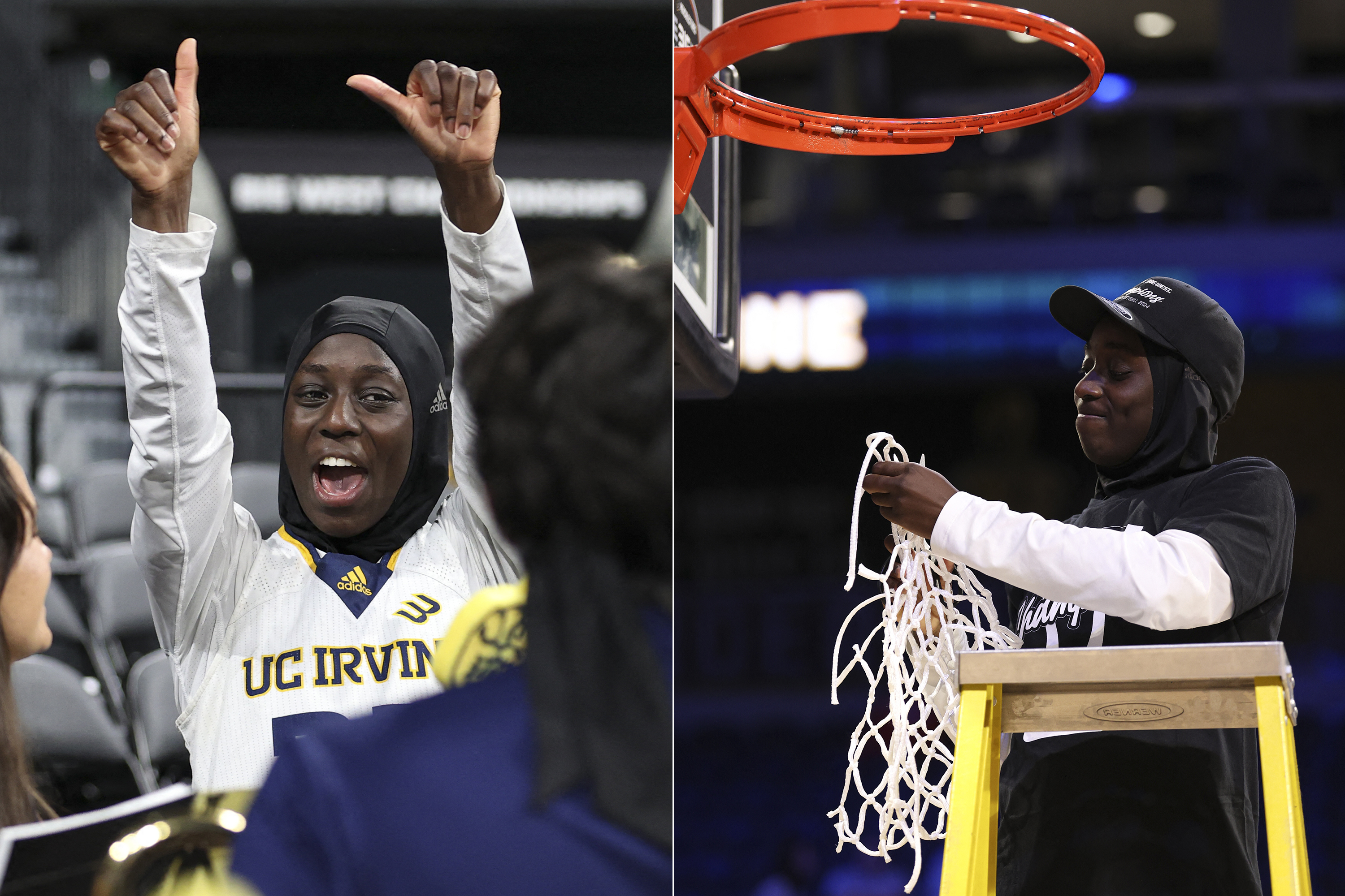 Basketball player cutting down net and celebrating with friends.