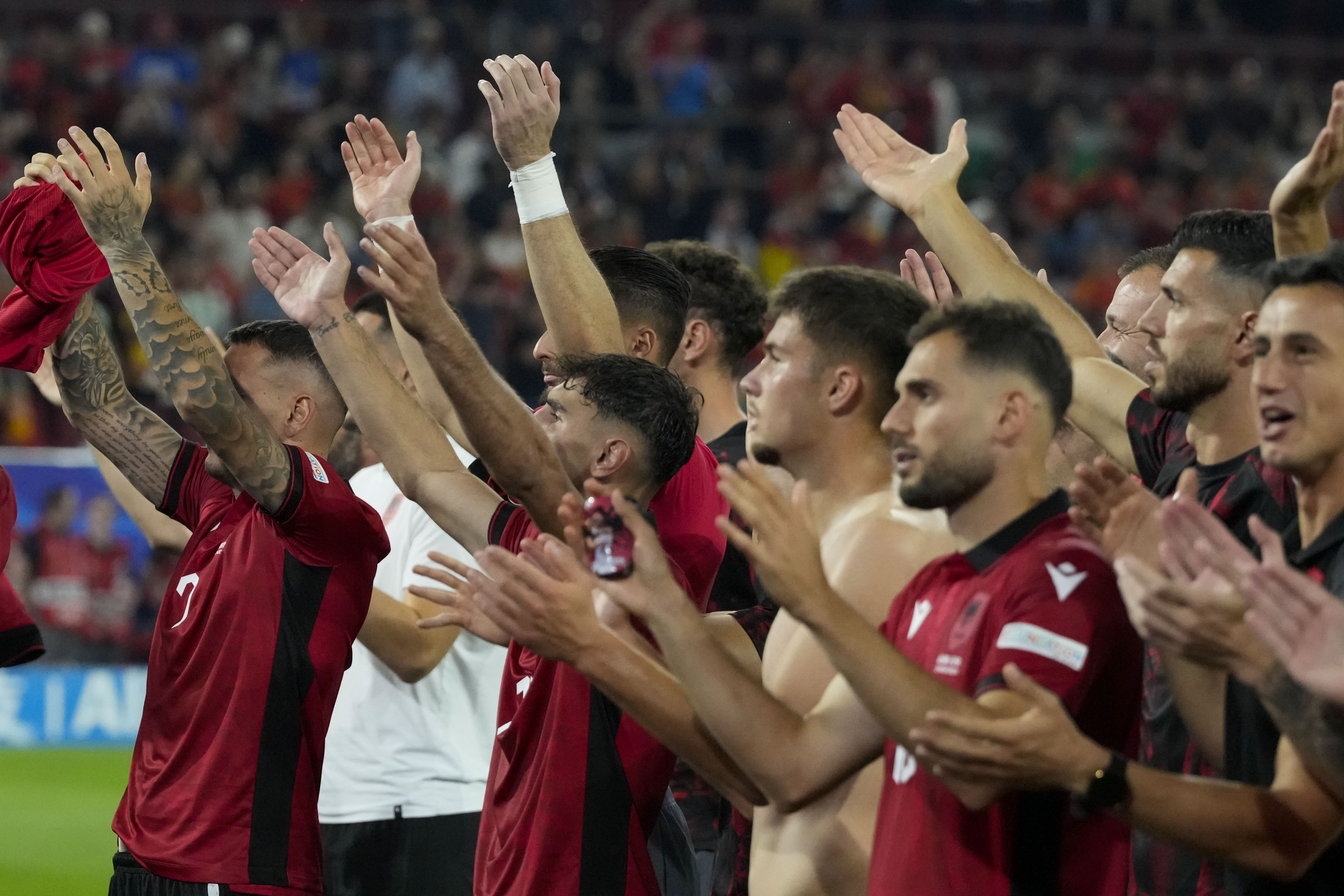 Albanian players greet fans at the end of their final group match against Spain at the Euro 2024 in Dusseldorf, Germany, June 24, 2024
