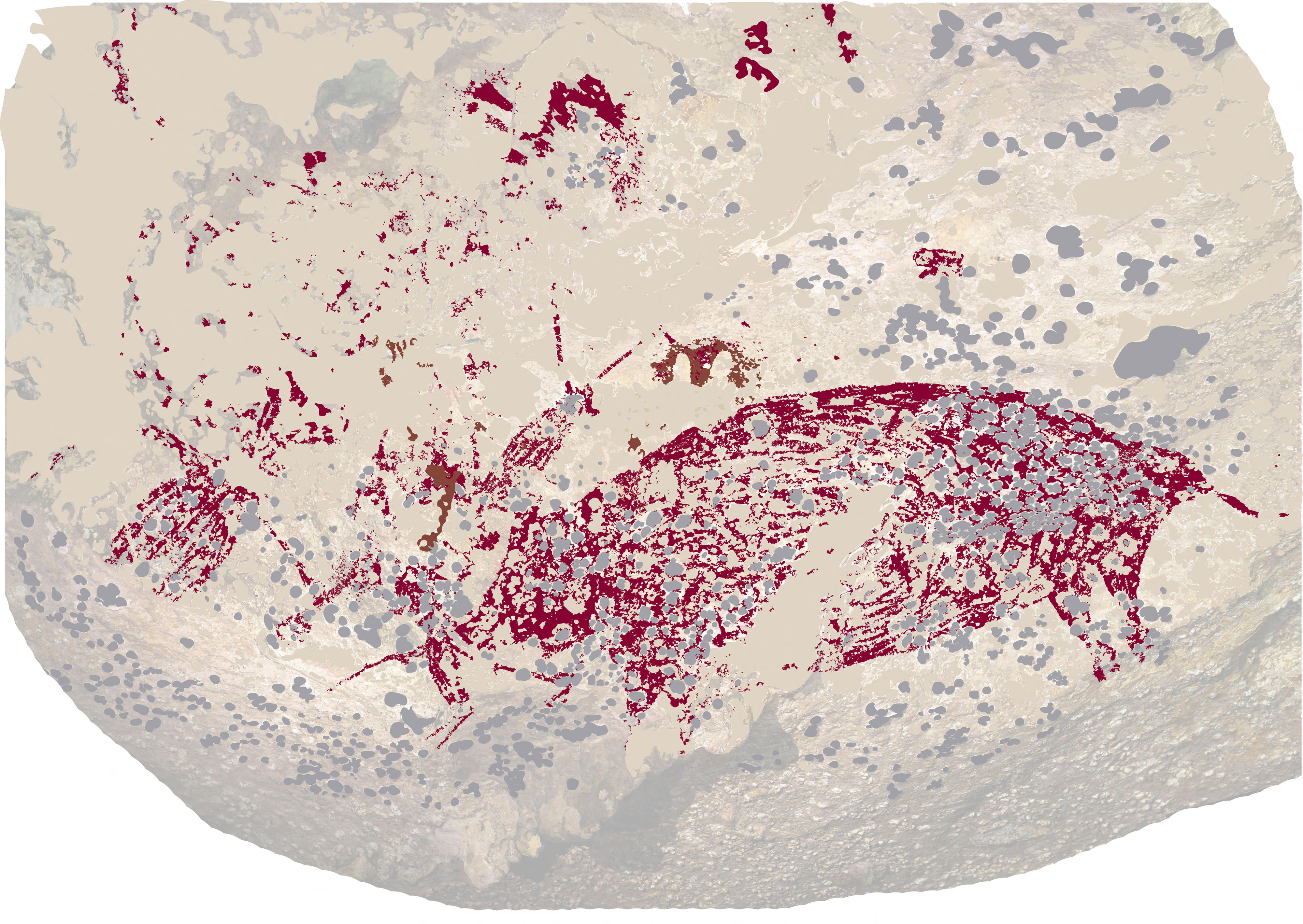 The cave painting found in Sulawesi. It is dominated by a large red pig. There appear to be three people around.