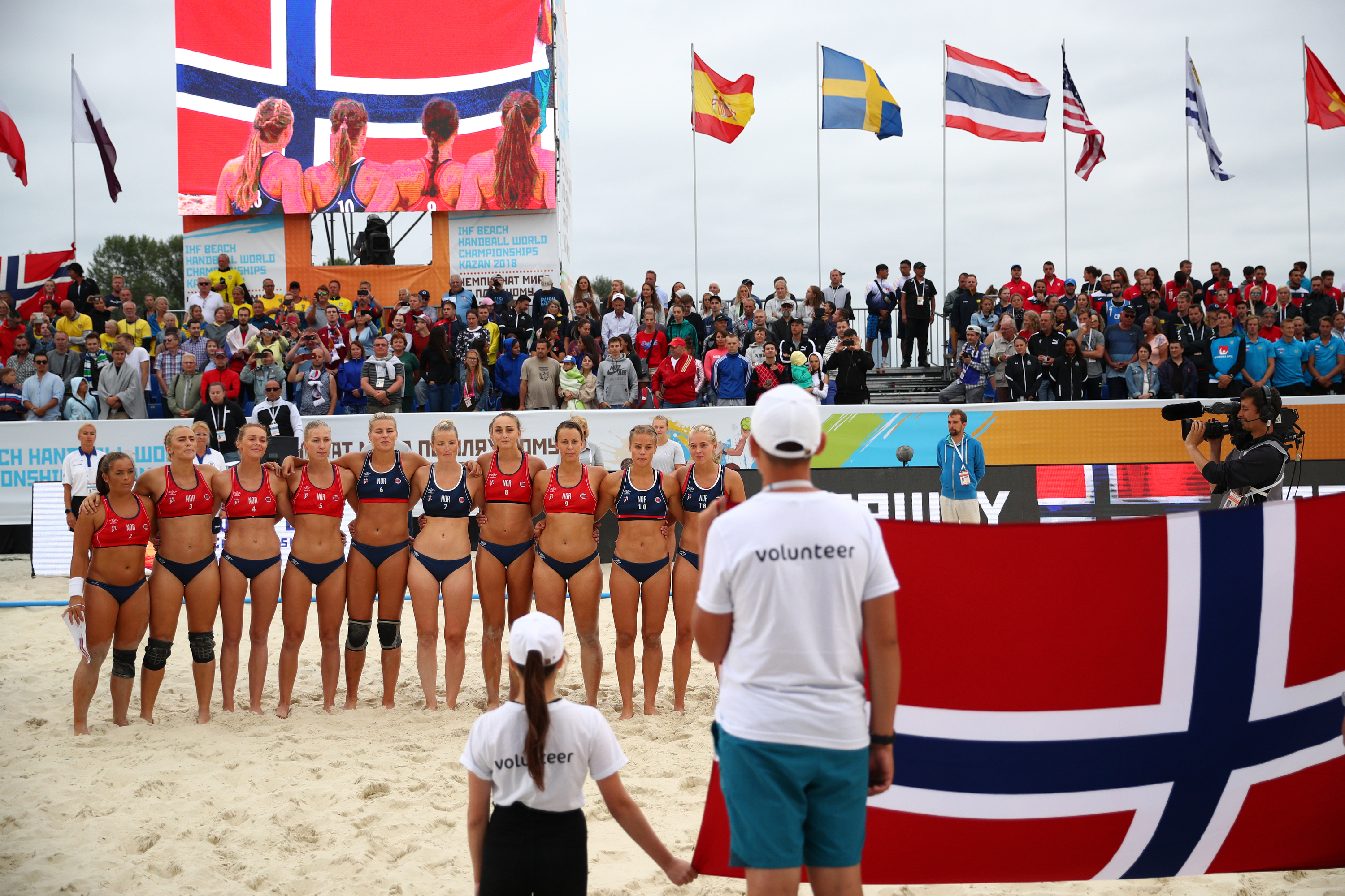 The Norway women’s team lines up during the 2018 Women’s Beach Handball World Cup final against Greece on July 29, 2018 in Kazan, Russia. In 2021, the team was fined for refusing to wear bikini briefs at a match