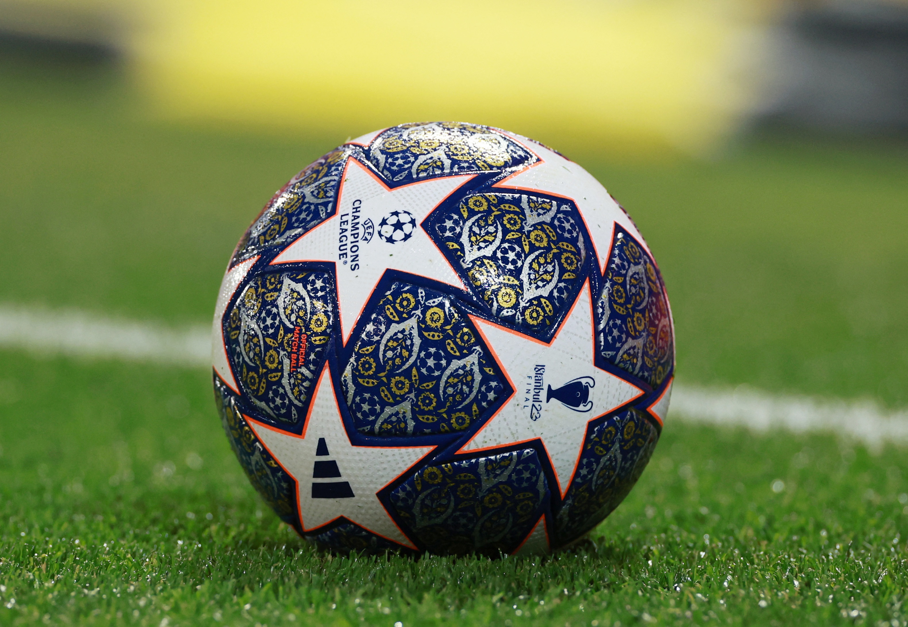 Soccer Football - Champions League - Round of 16 First Leg - Liverpool v Real Madrid - Anfield, Liverpool, Britain - February 21, 2023 Official match ball displaying the logo of the UEFA Champions League before the match REUTERS/Phil Noble