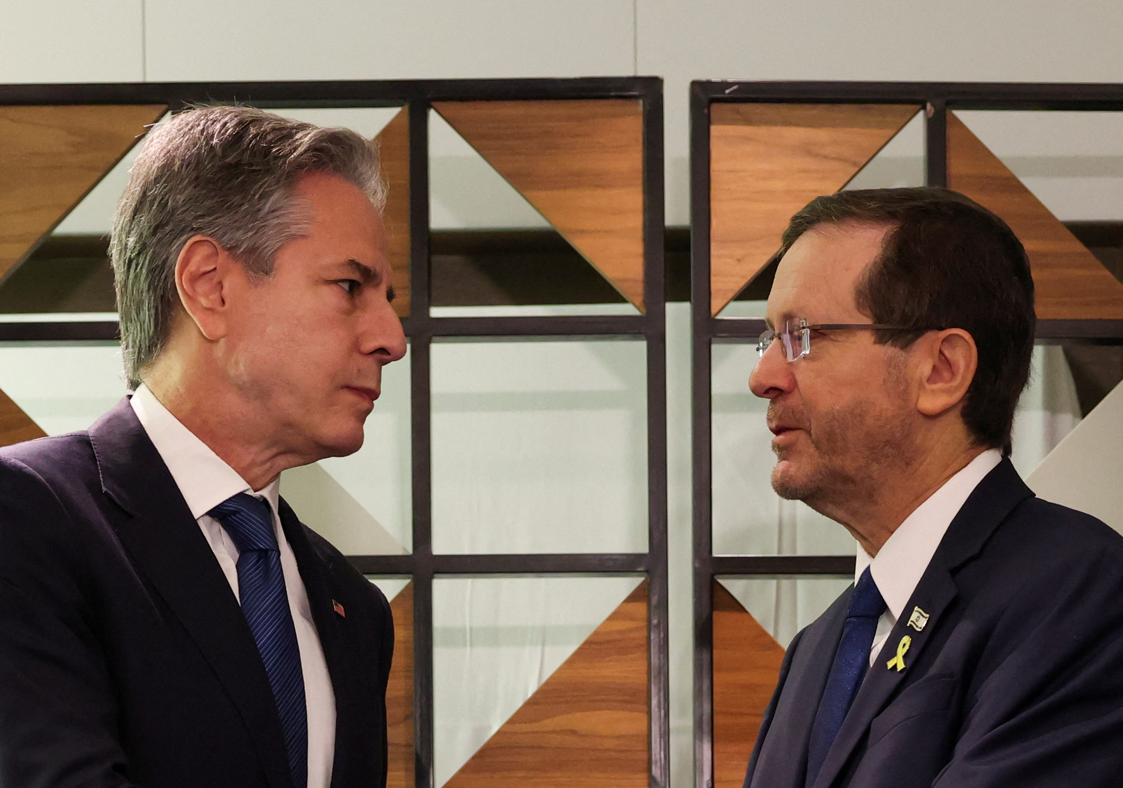US Secretary of State Antony Blinken, left, meets with Israel’s President Isaac Herzog, right, in Tel Aviv, Israel, August 19, 2024
