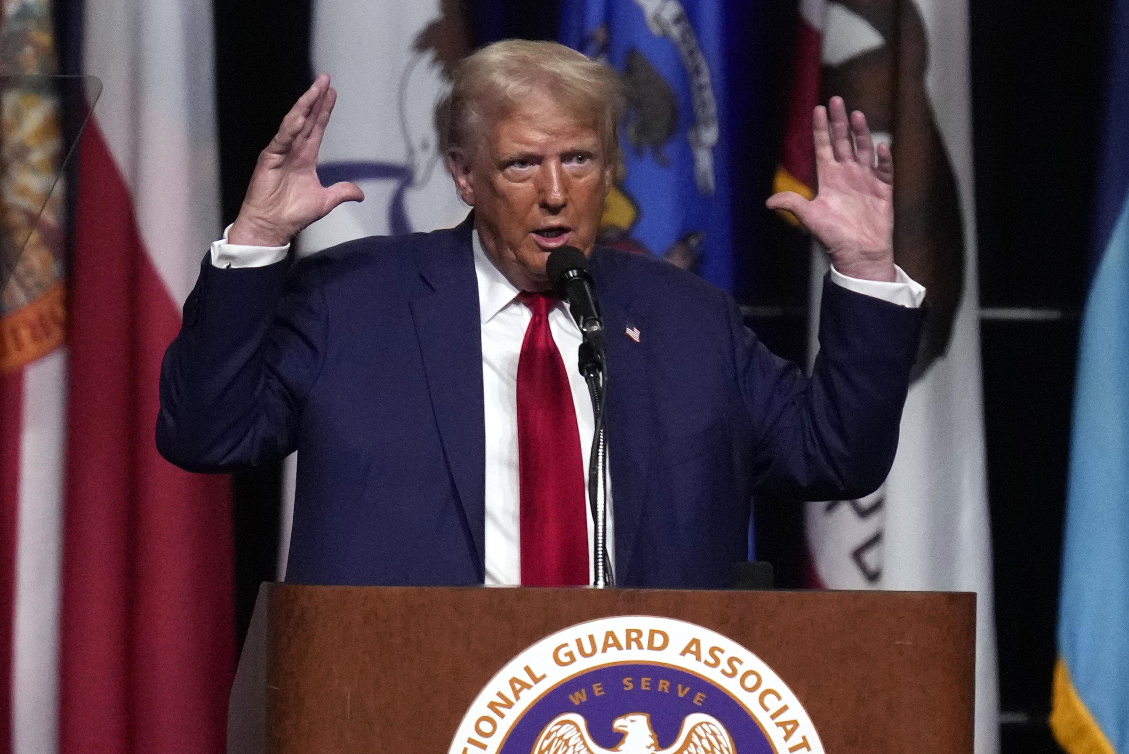 Donald Trump speaks at a podium.