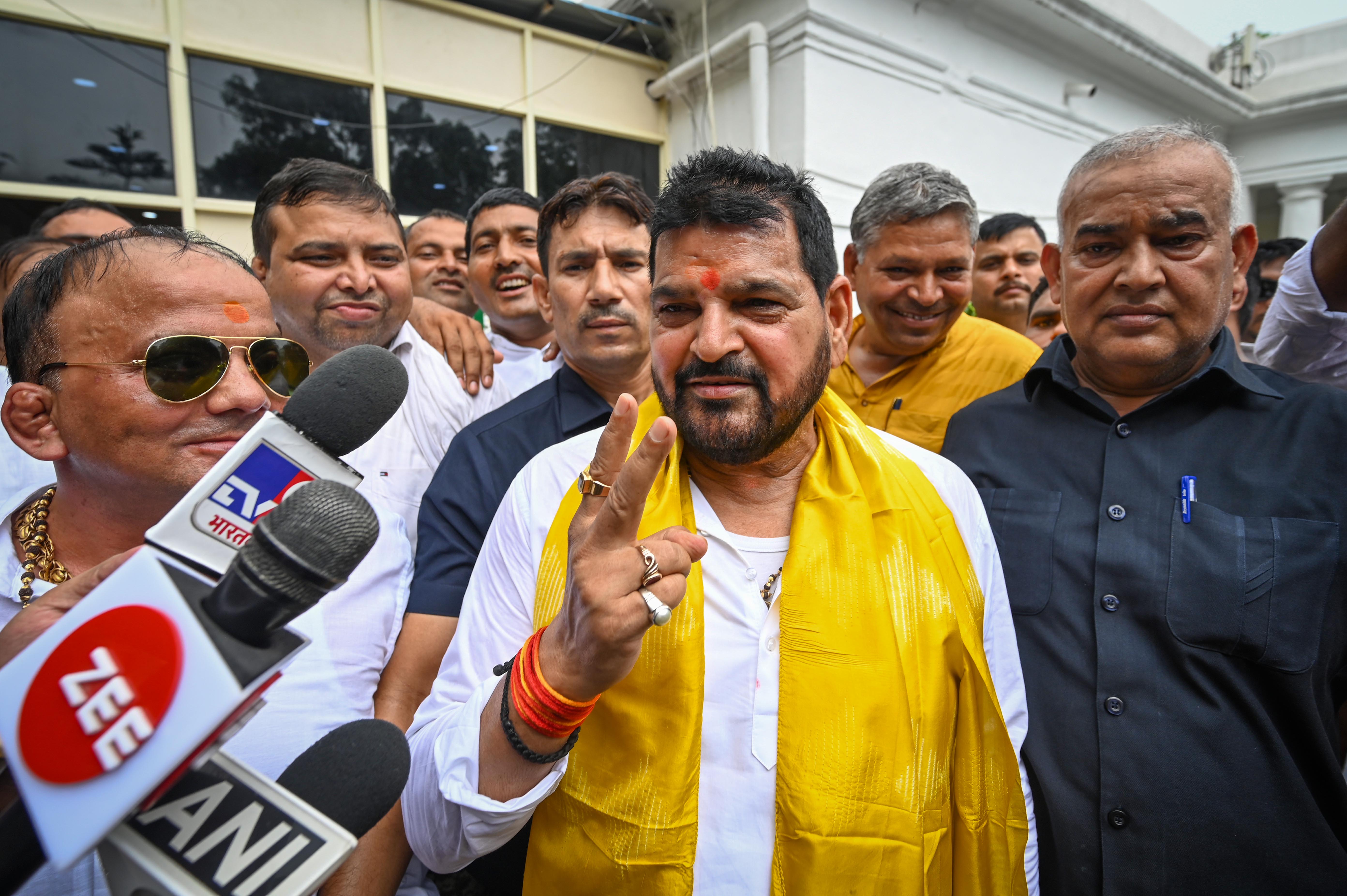 NEW DELHI, INDIA - JULY 31: Brij Bhushan Sharan Singh, former President of Wrestling Federation of India meeting with his supporters as they leave for nomination in upcoming WFI elections, at his residence on Jantar Mantar Road on July 31, 2023 in New Delhi, India. (Photo by Sanchit Khanna/Hindustan Times via Getty Images)