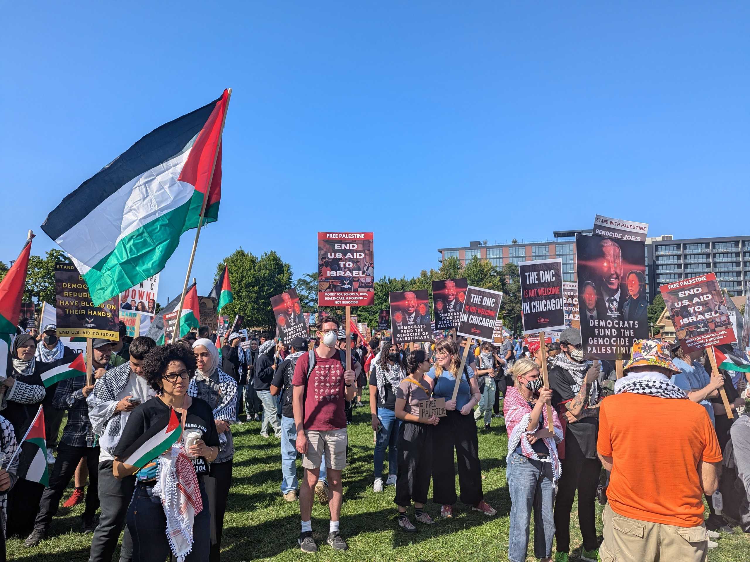 Protesters assemble at a city park in Chicago, waving Palestinian flags and holding up signs that red, "End US aid to Israel."
