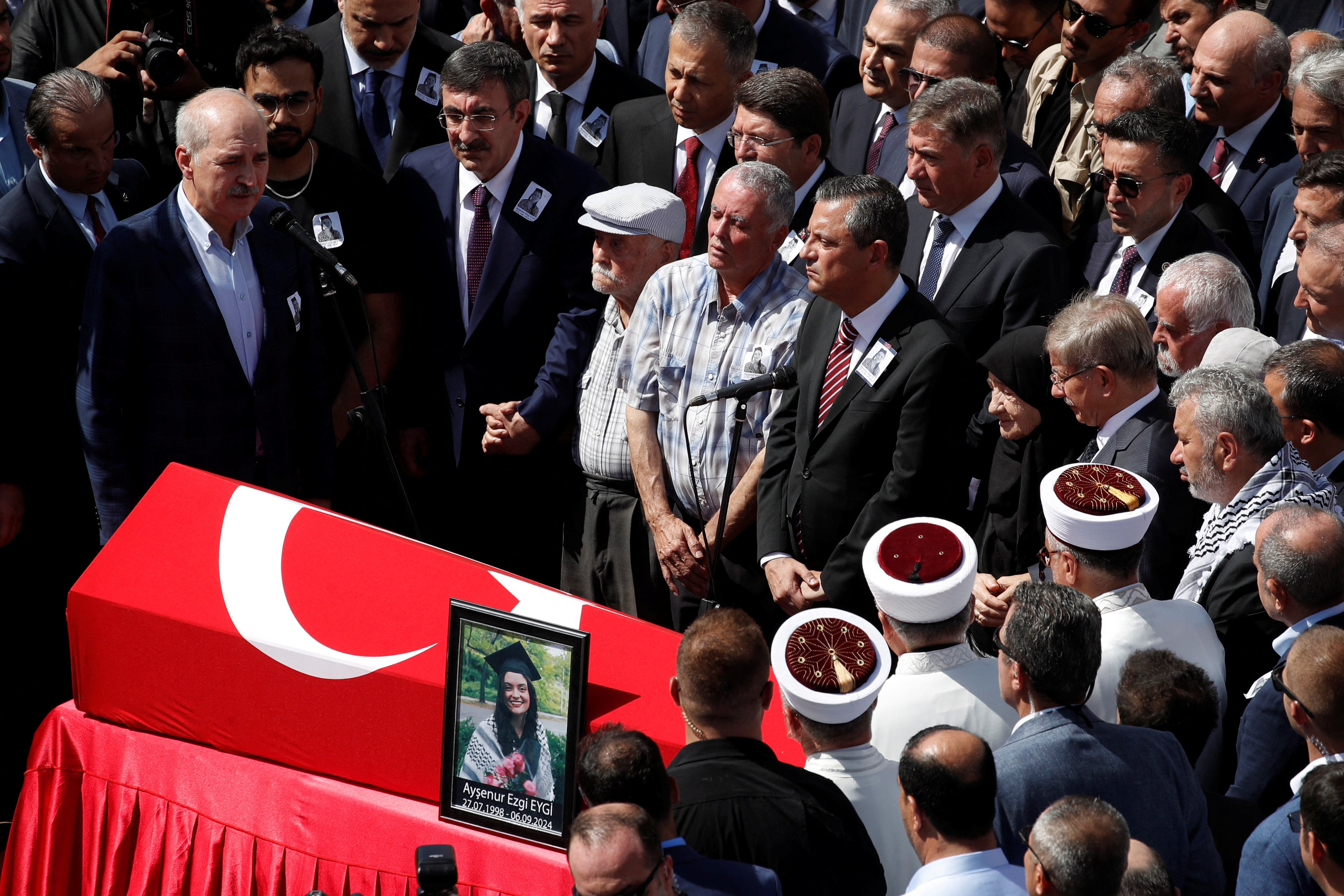 Turkey’s Vice President Cevdet Yilmaz, Parliament Speaker Numan Kurtulmus and opposition Republican People’s Party leader Ozgur Ozel attend the funeral ceremony