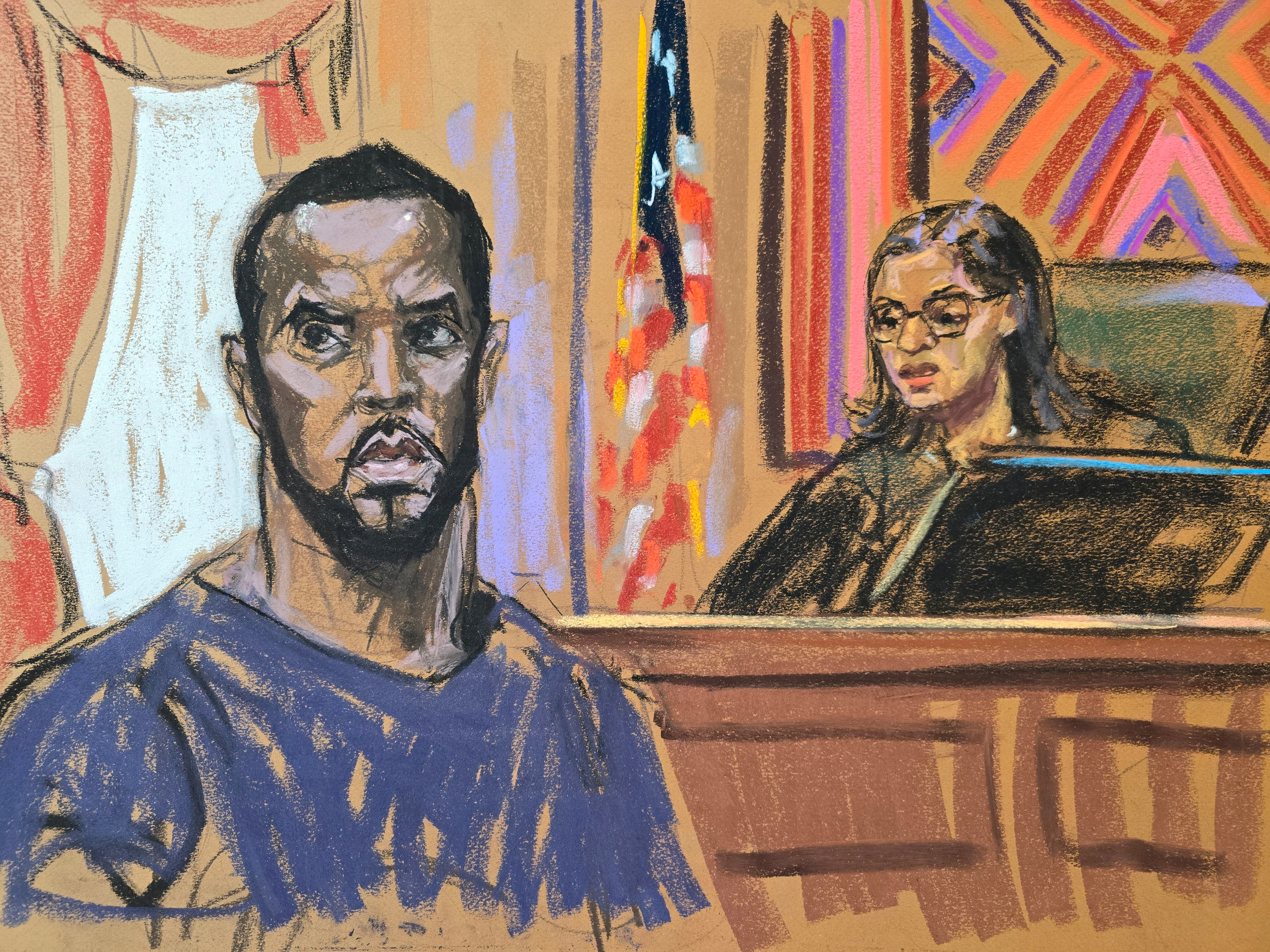 a court room sketch of a man waring