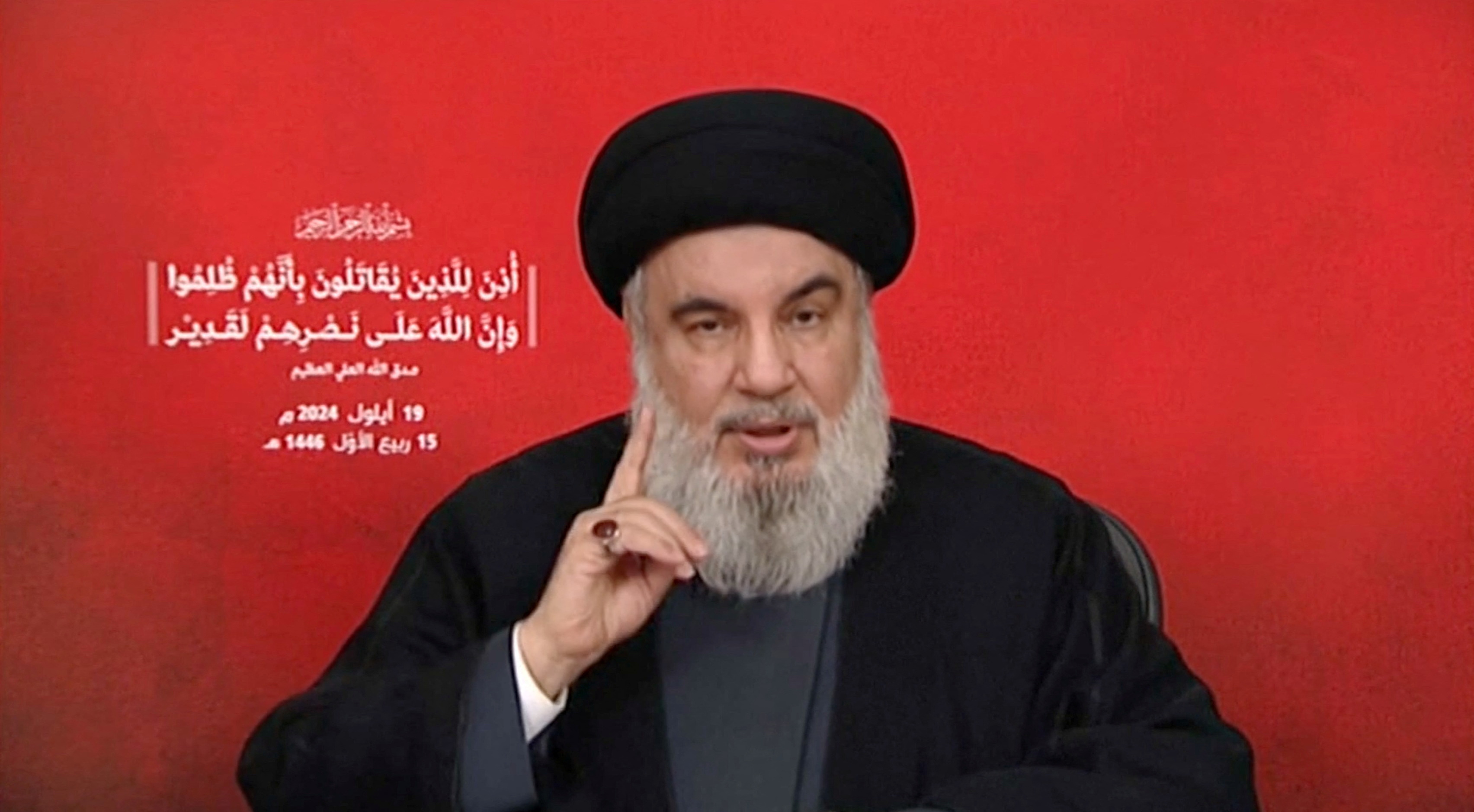 Hezbollah leader Hassan Nasrallah gives a televised address, Lebanon, September 19, 2024 [Screengrab: Al-Manar TV via Reuters]