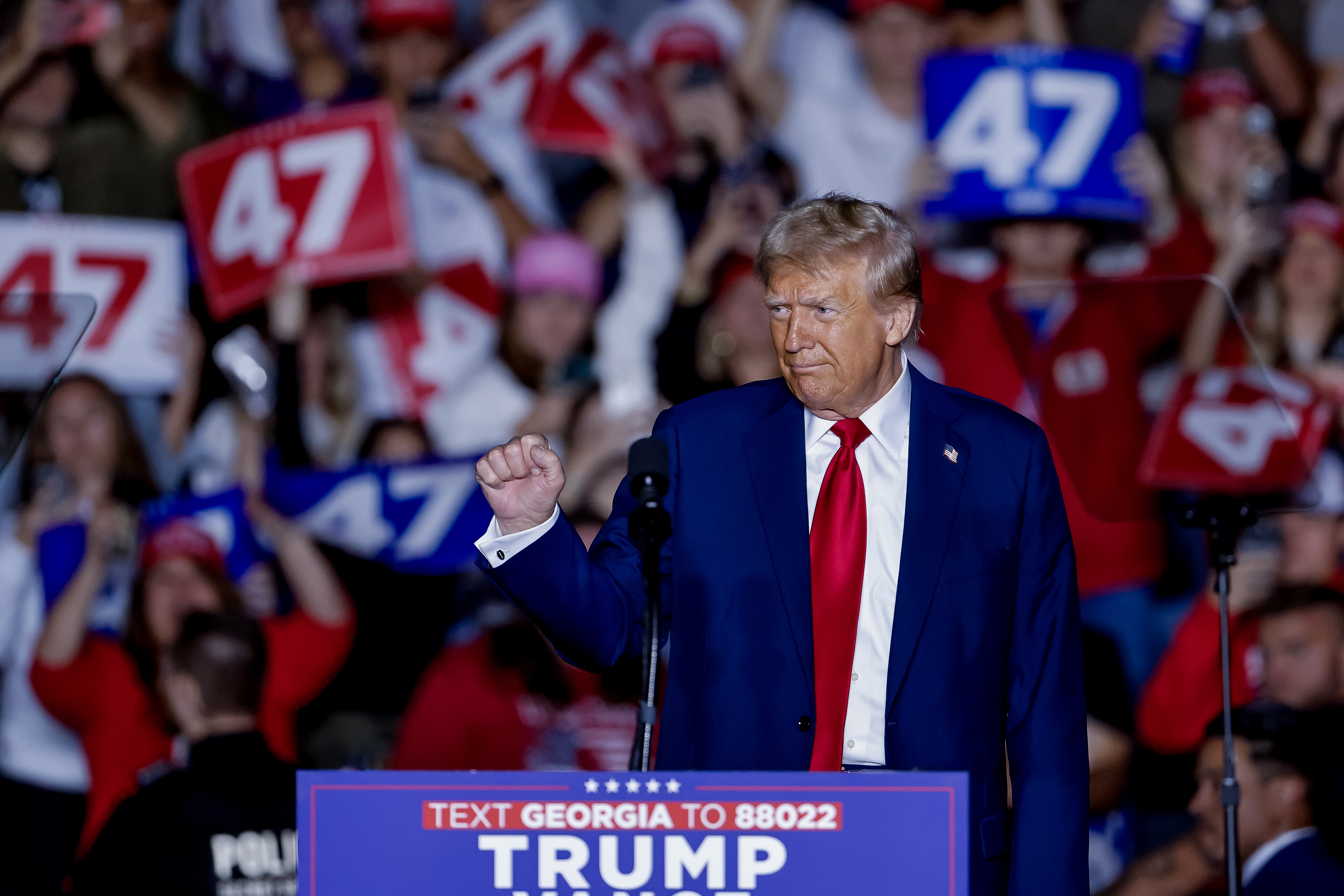 Trump speaks during a campaign event at McCamish Pavillion on the Georgia Tech campus in Atlanta