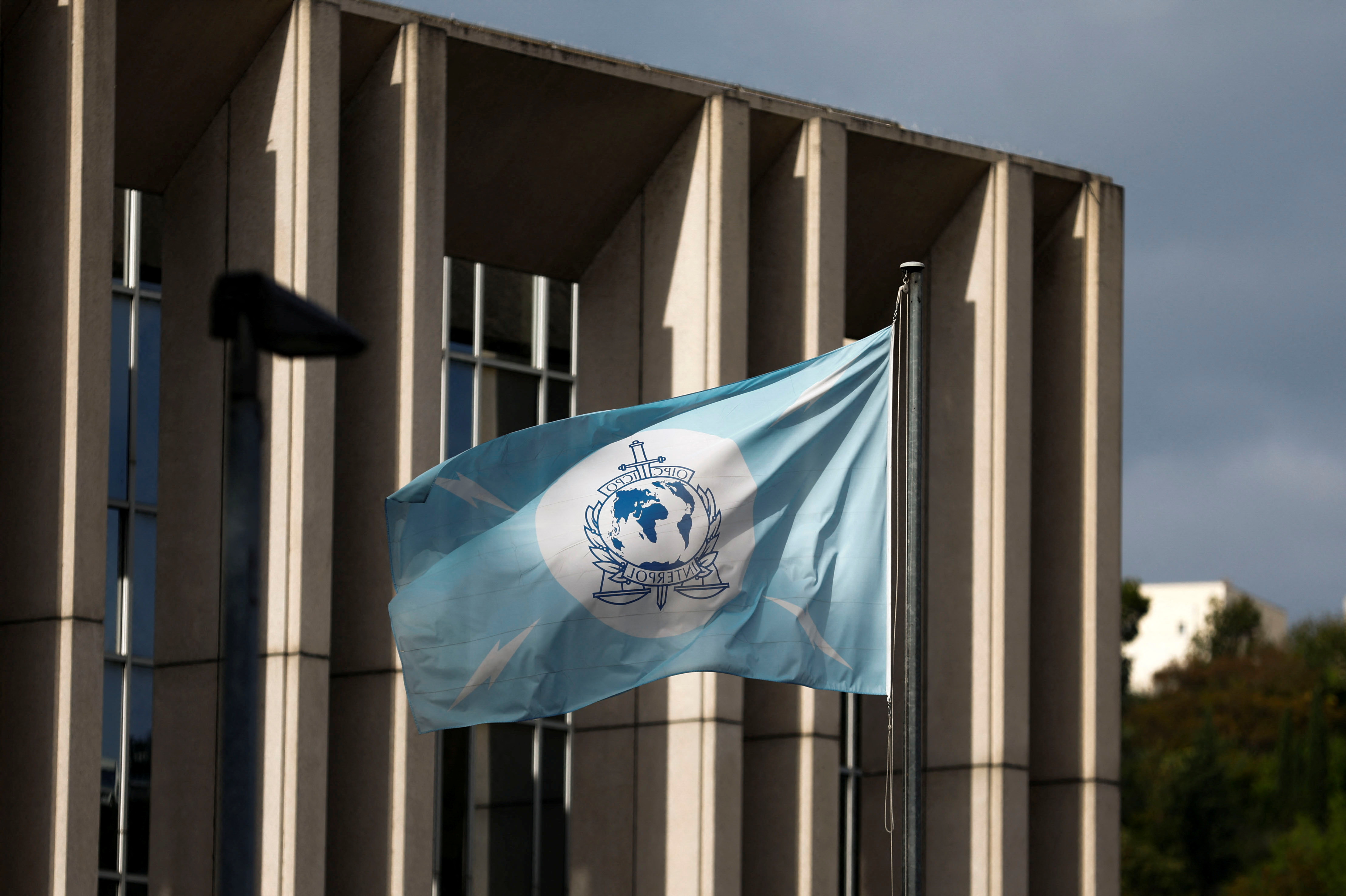 A view of the Interpol building with its flag