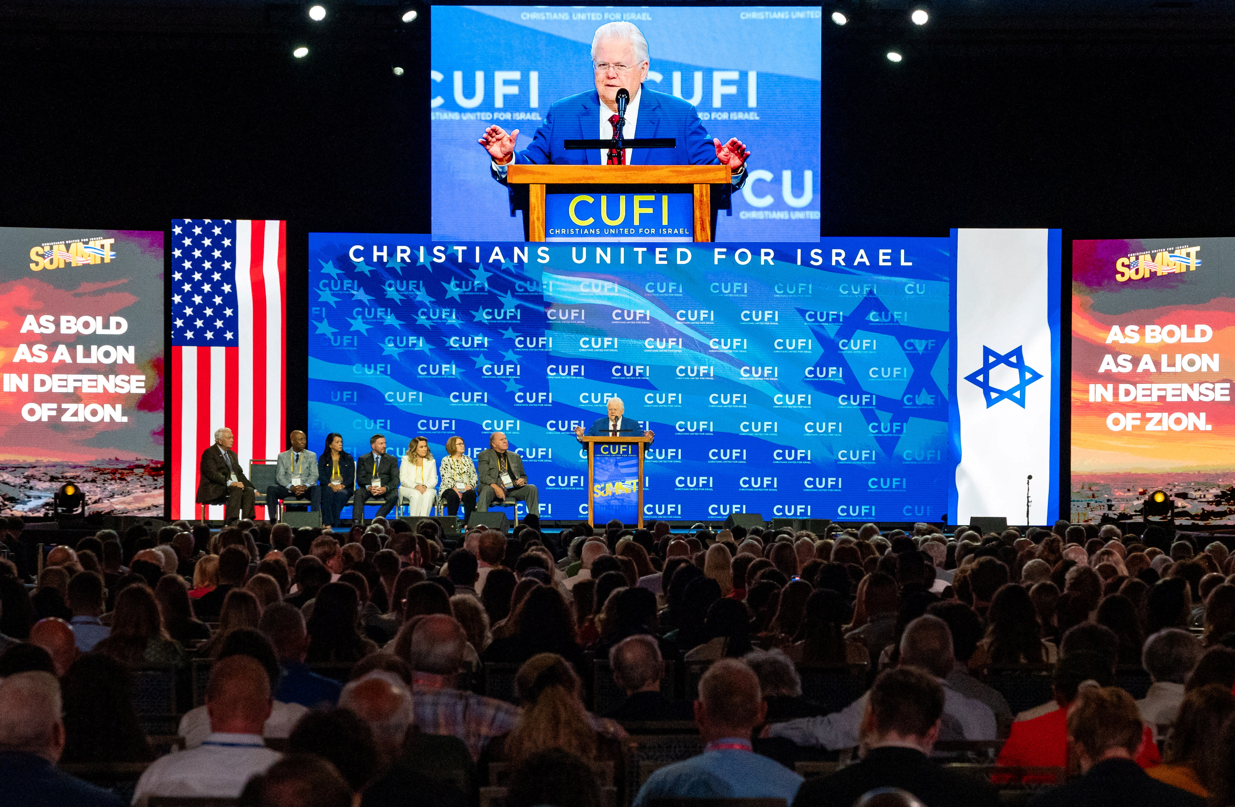 Pastor John Hagee, founder and chairman of the Christian Zionist organization Christians United for Israel speaks on the second day of the 2024 summit in National Harbor, Maryland, U.S., July 29, 2024. REUTERS/Seth Herald