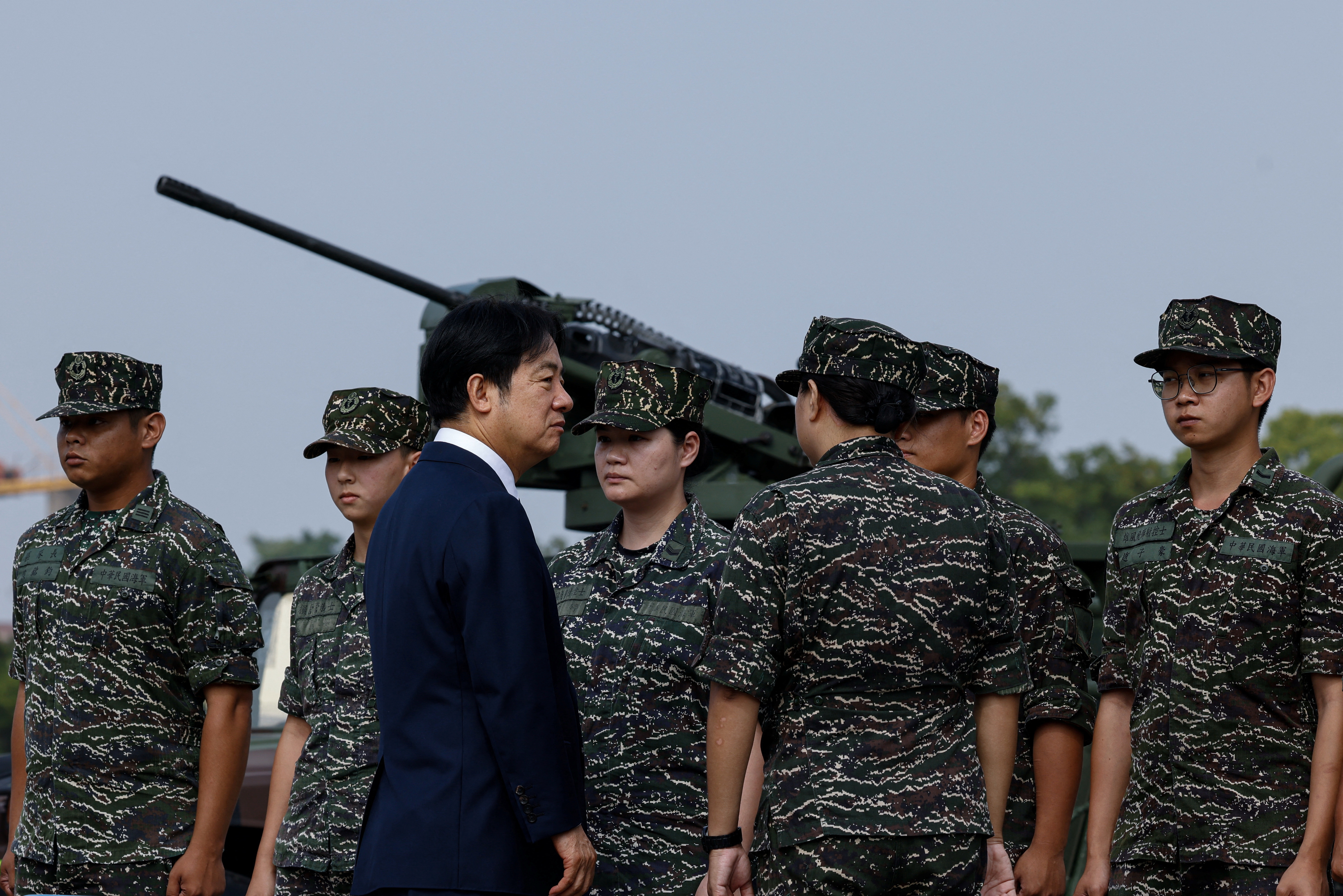 Taiwanese President William Lai Ching-te visits a military base in Taoyuan in response to Chinese military drills on October 18