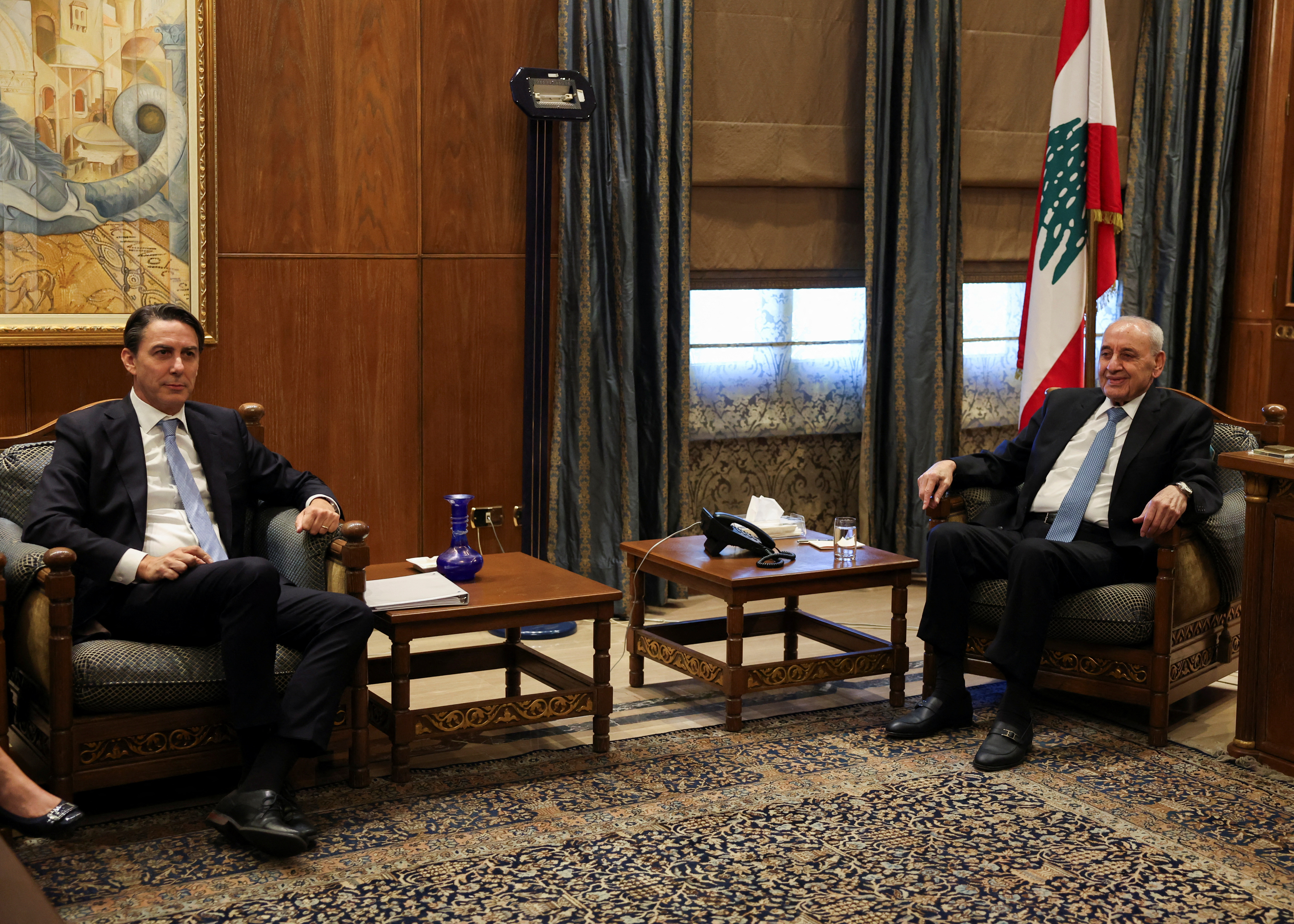 Lebanese Parliament Speaker Nabih Berri, right, meets with US special envoy Amos Hochstein in Beirut on October 21, 2024
