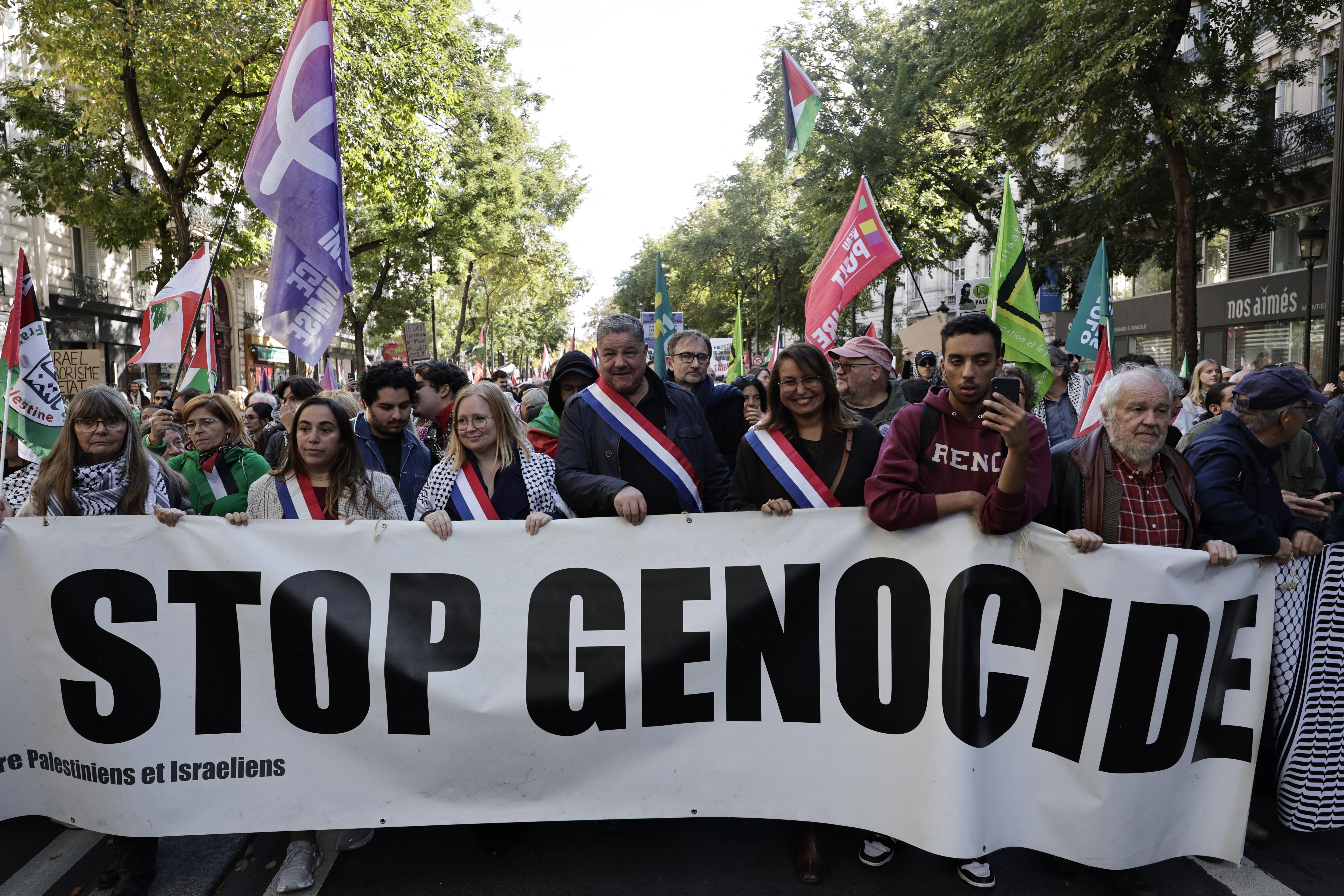 People take part in a rally ogarnised by the association France Palestine Solidarite (AFPS) in support of the Palestinian people, in Paris, on October 5, 2024.