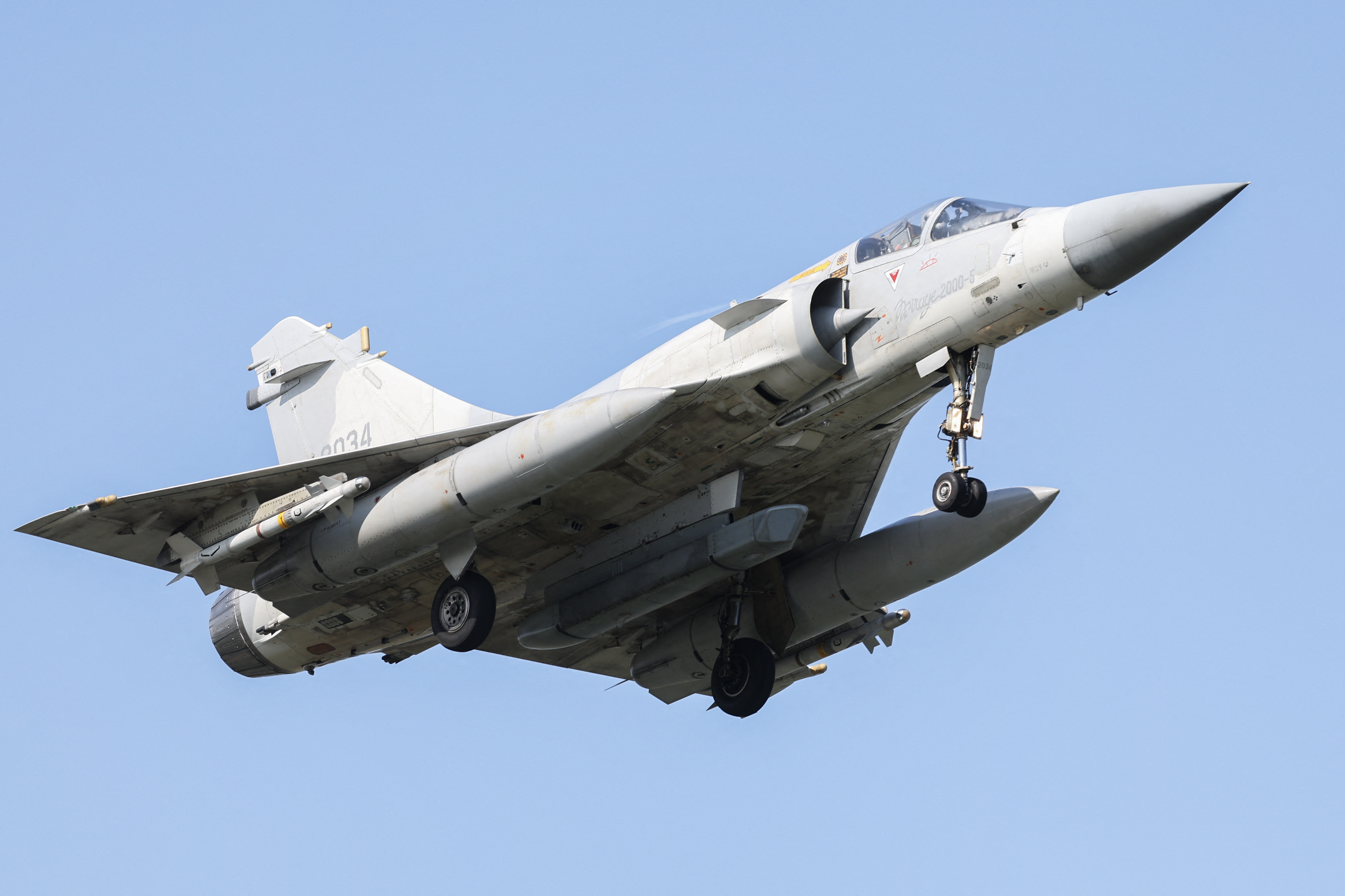 A Taiwanese Air Force Mirage 2000 jet prepares to land at an airbase in Hsinchu on October 14, 2024