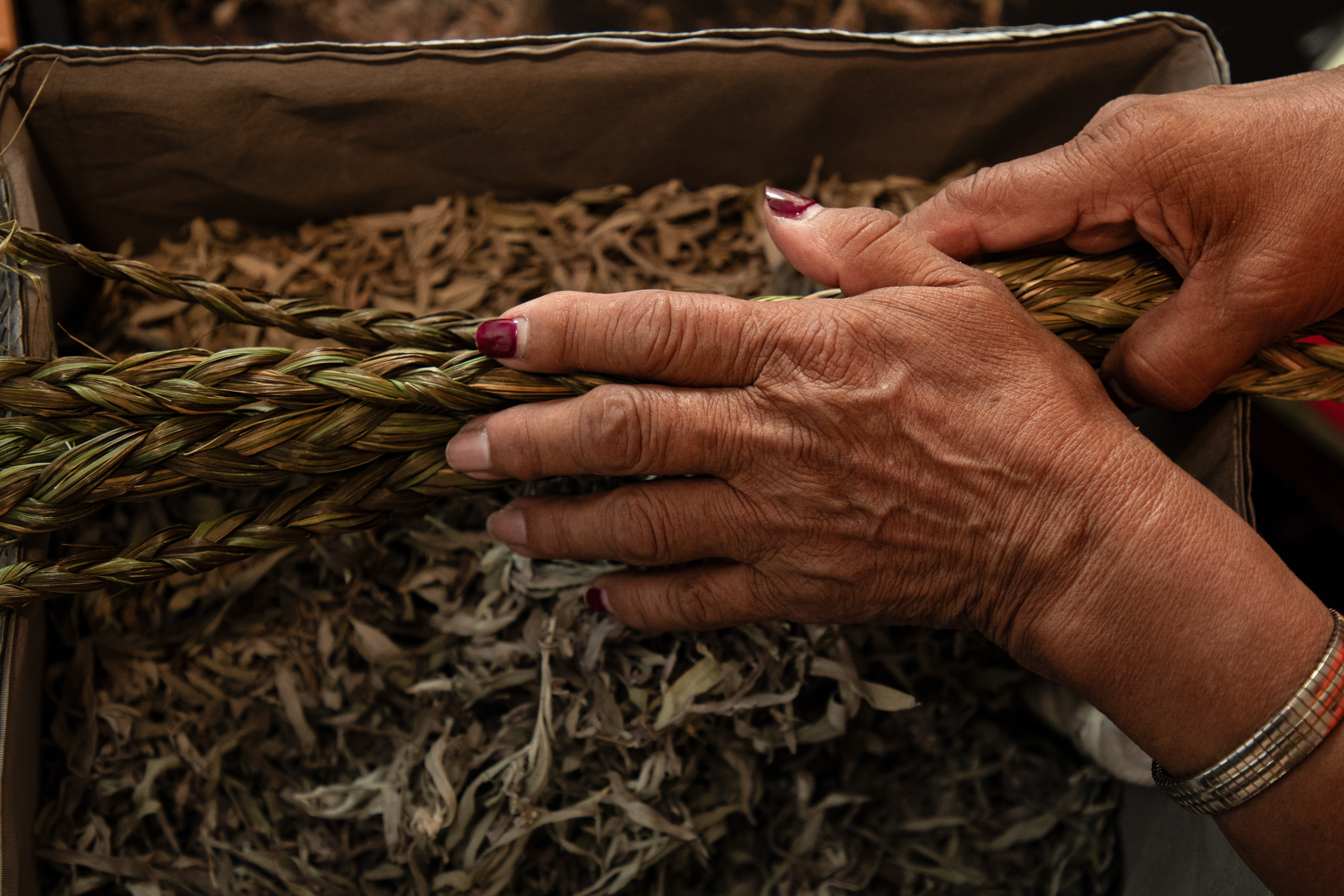 Two hands hold sage and sweetgrass