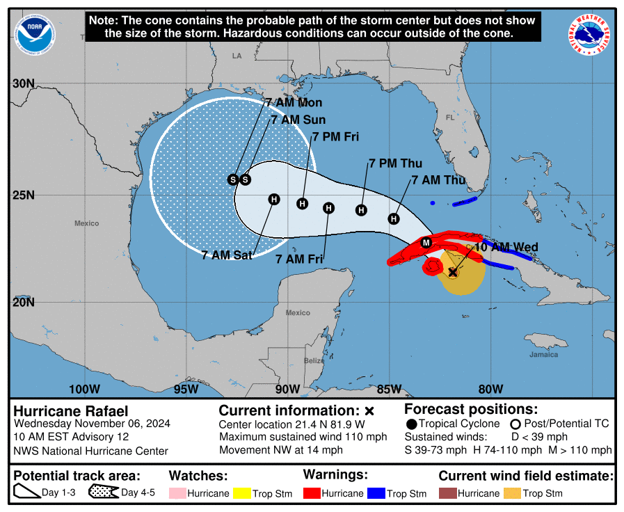 A map showing the cone of Hurricane Rafael’s probable track as it approached Cuba on November 6