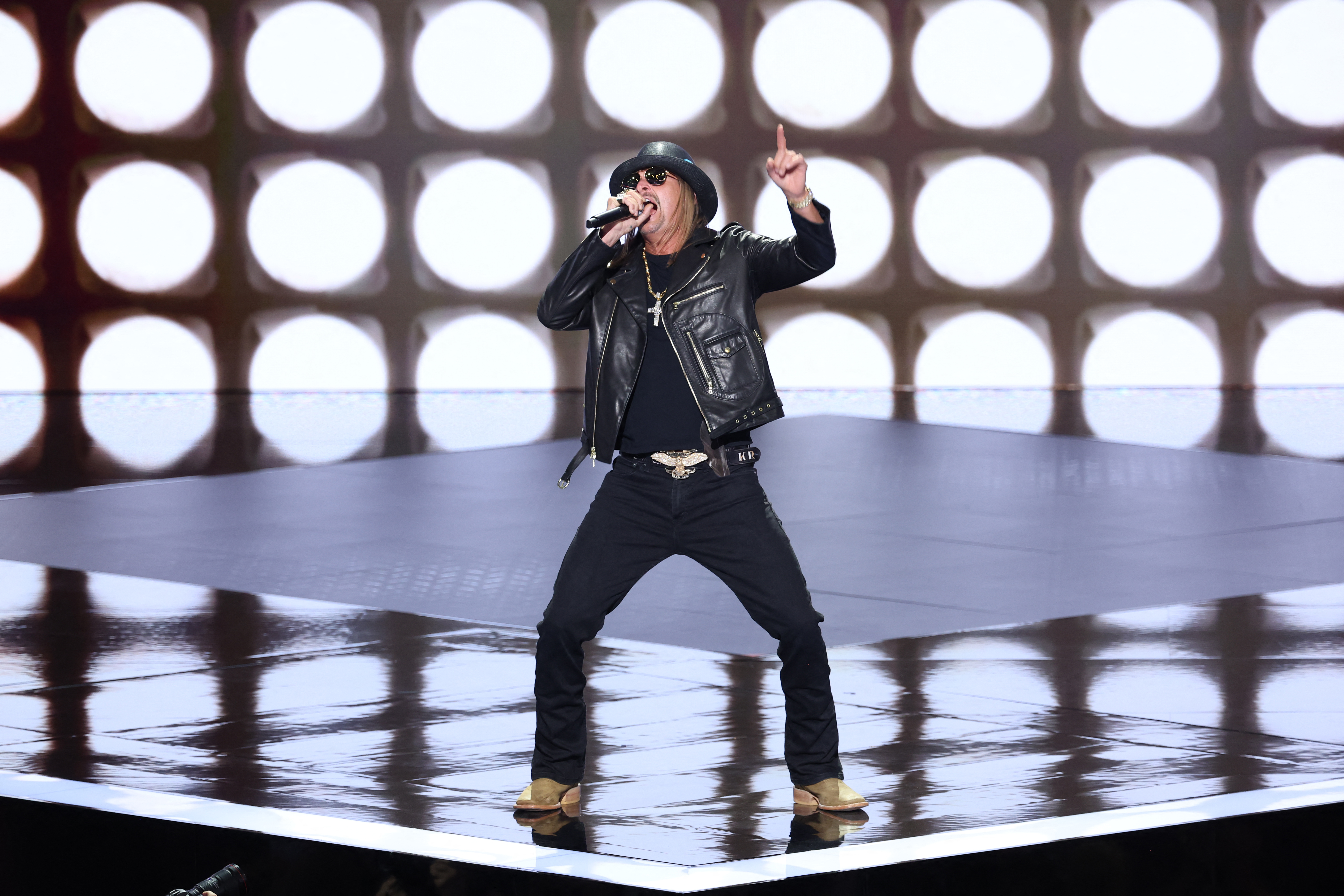 Kid Rock performs on Day 4 of the Republican National Convention (RNC) in Milwaukee, Wisconsin, in July 2024