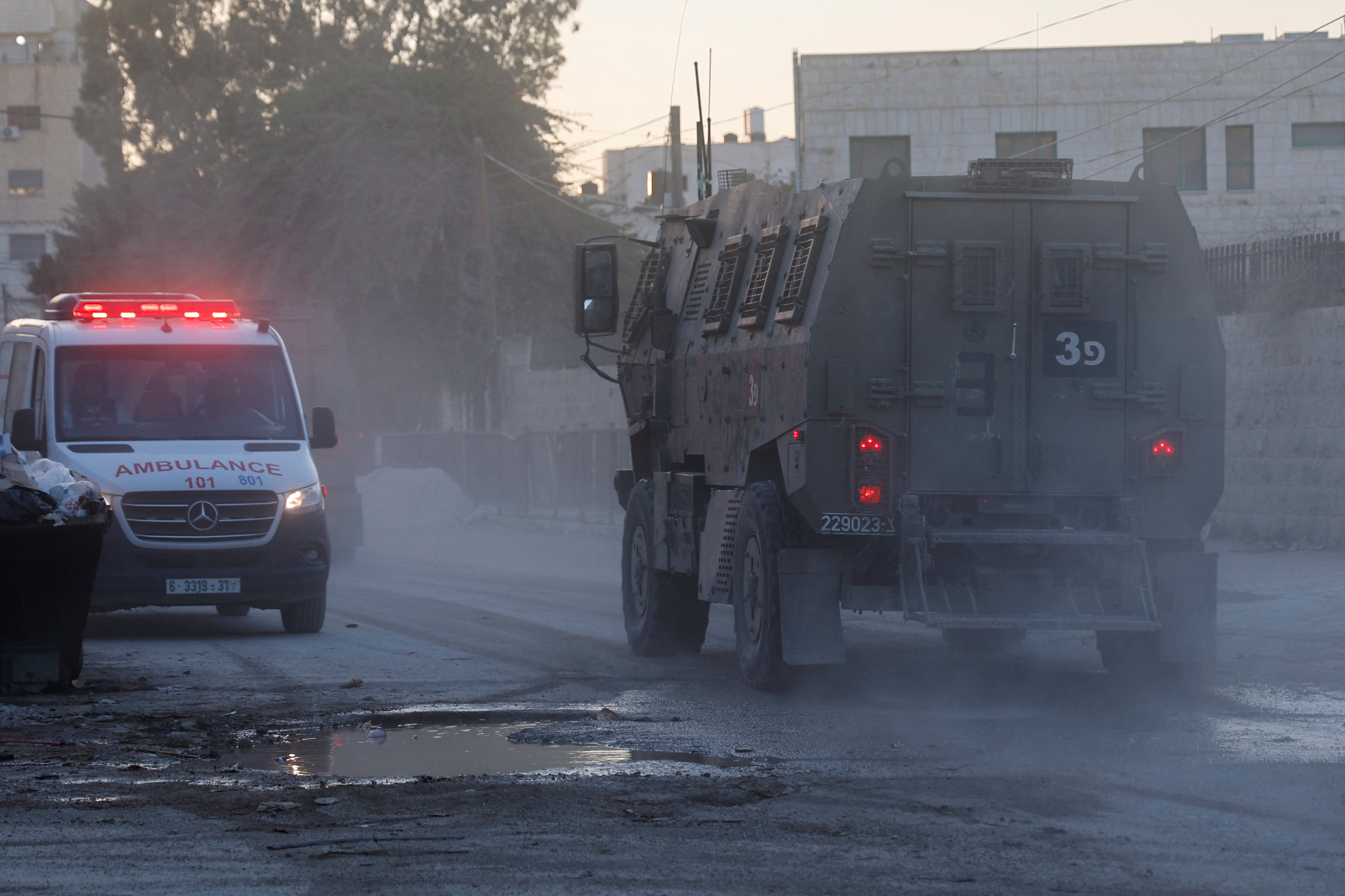 A military vehicle during an Israeli raid in Jenin, in the Israeli-occupied West Bank, September 25, 2024