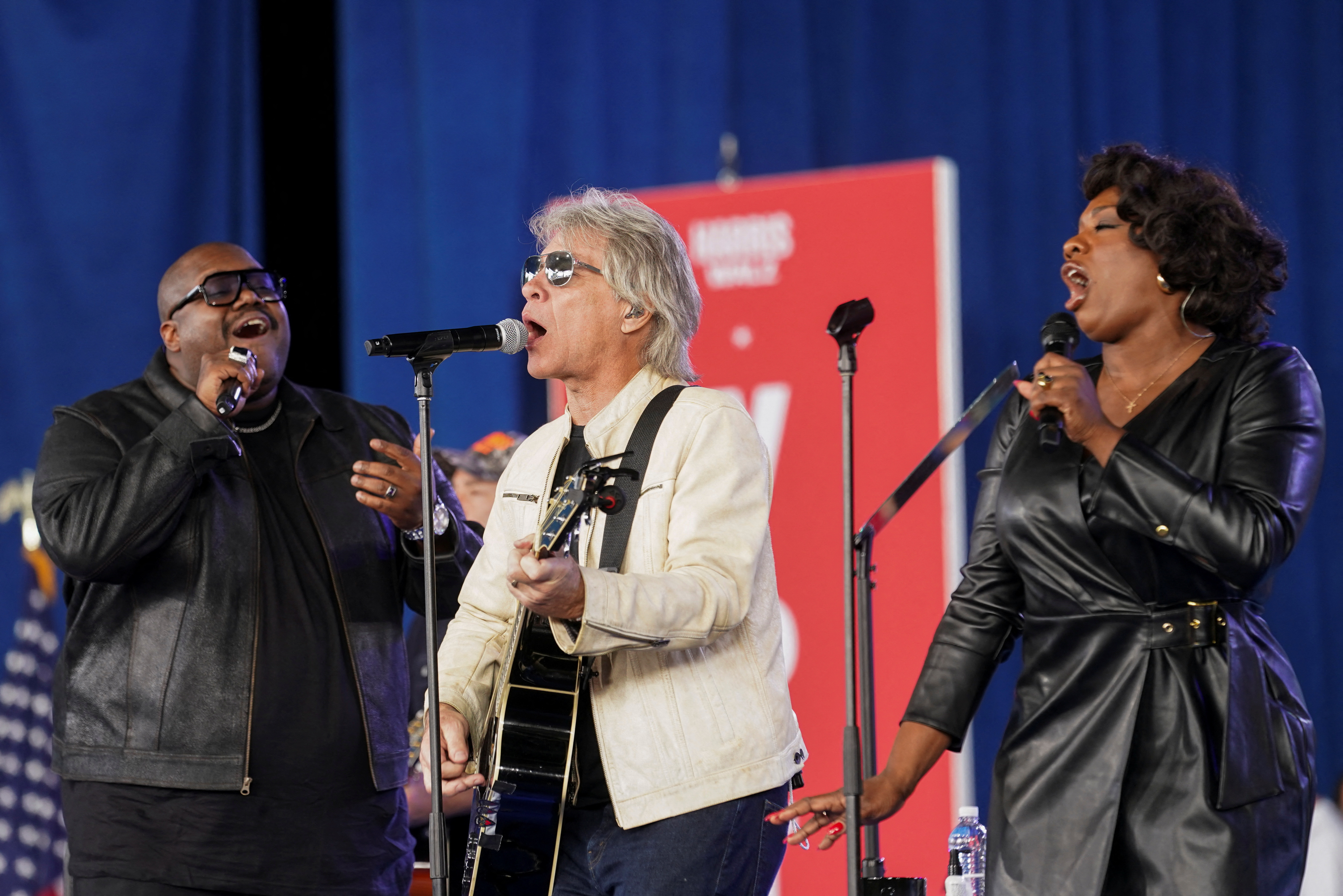 Jon Bon Jovi sings during a Democratic campaign in Charlotte, North Carolina, on November 2, 2024