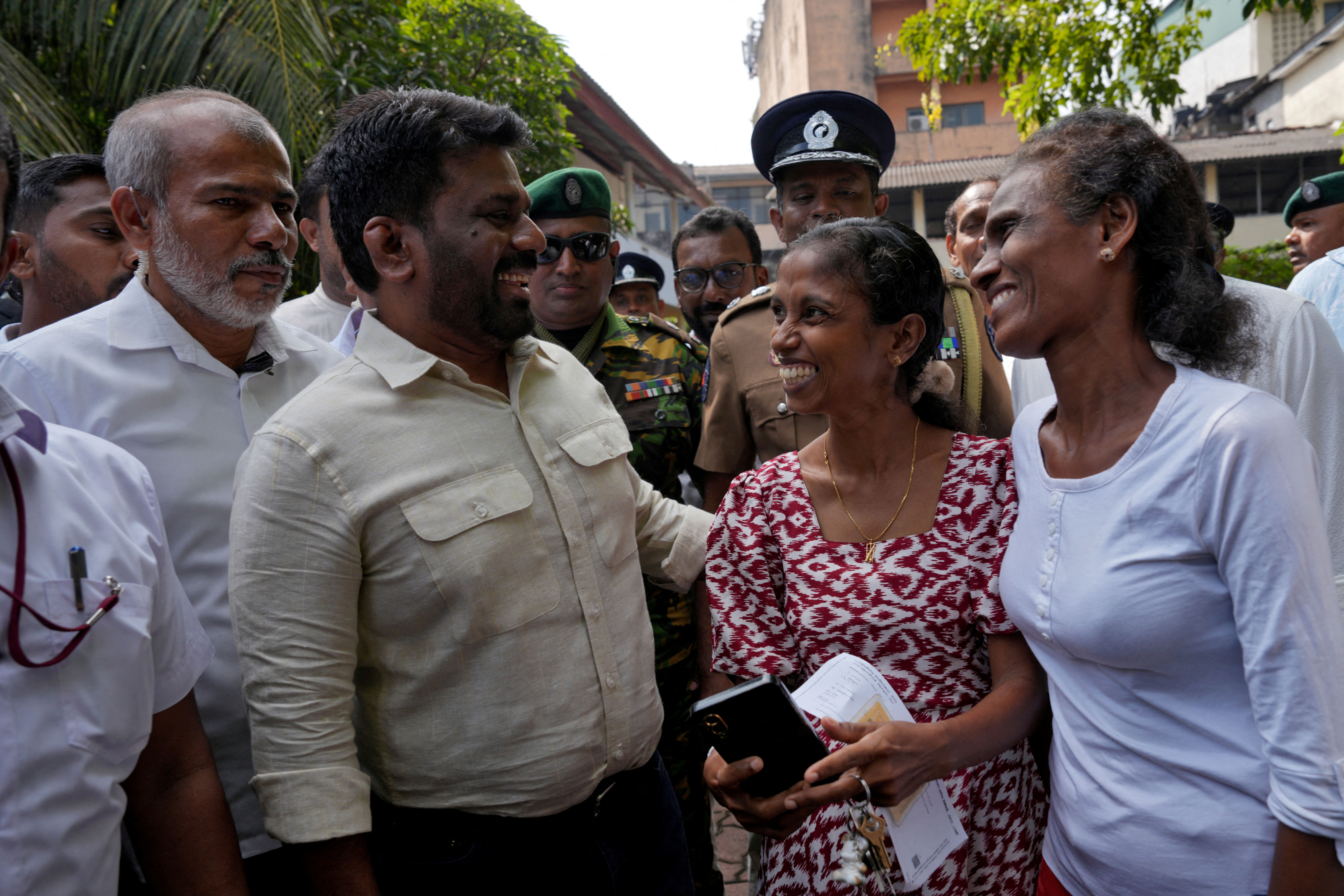 Anura Kumara Dissanayake meets party supporters after voting in parliamentary elections in Colombo, Sri Lanka, on November 14, 2024