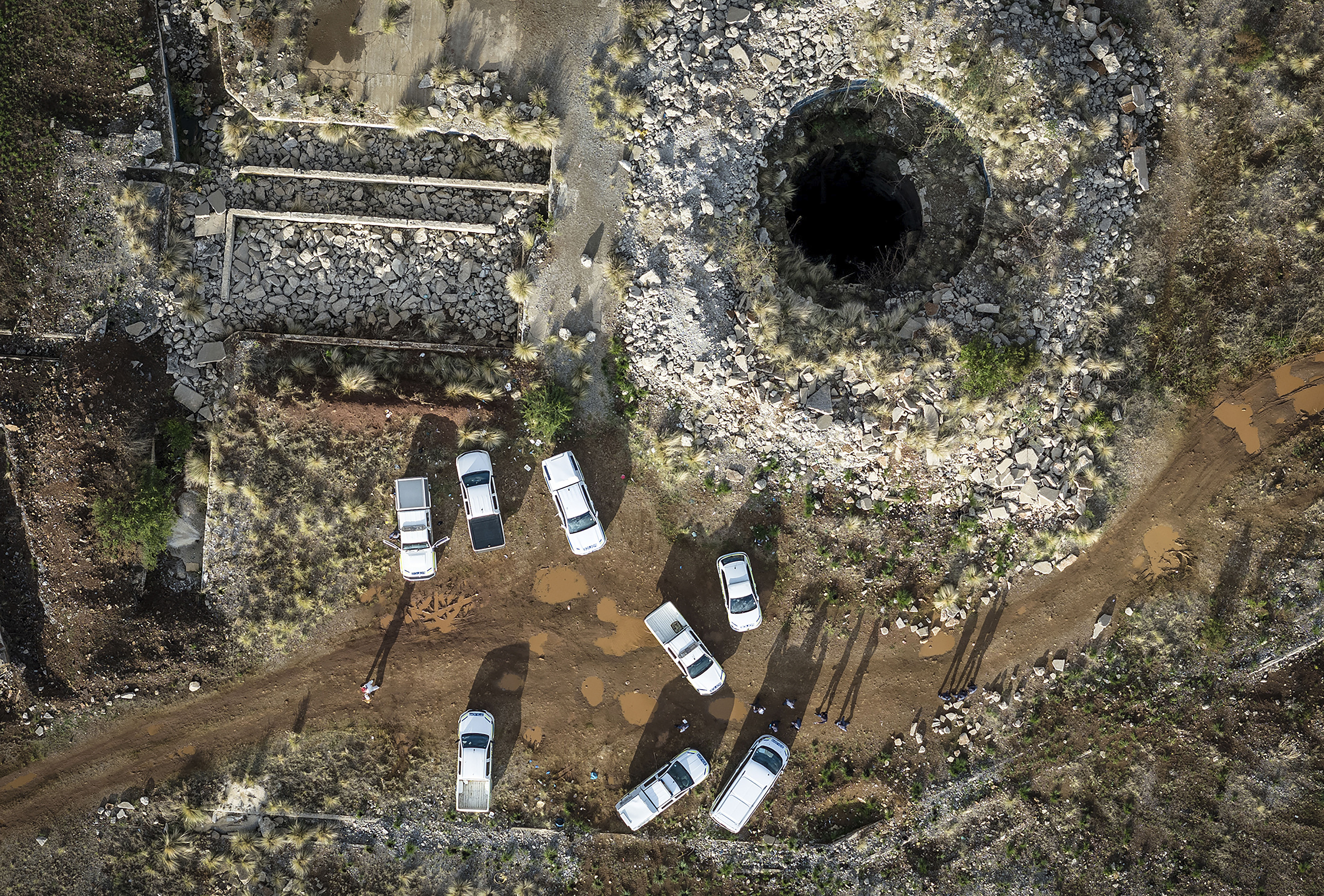 An aerial view of a closed mine shaft where miners are trapped inside is pictured in Stilfontein, South Africa, November 13, 2024 [AP Photo]