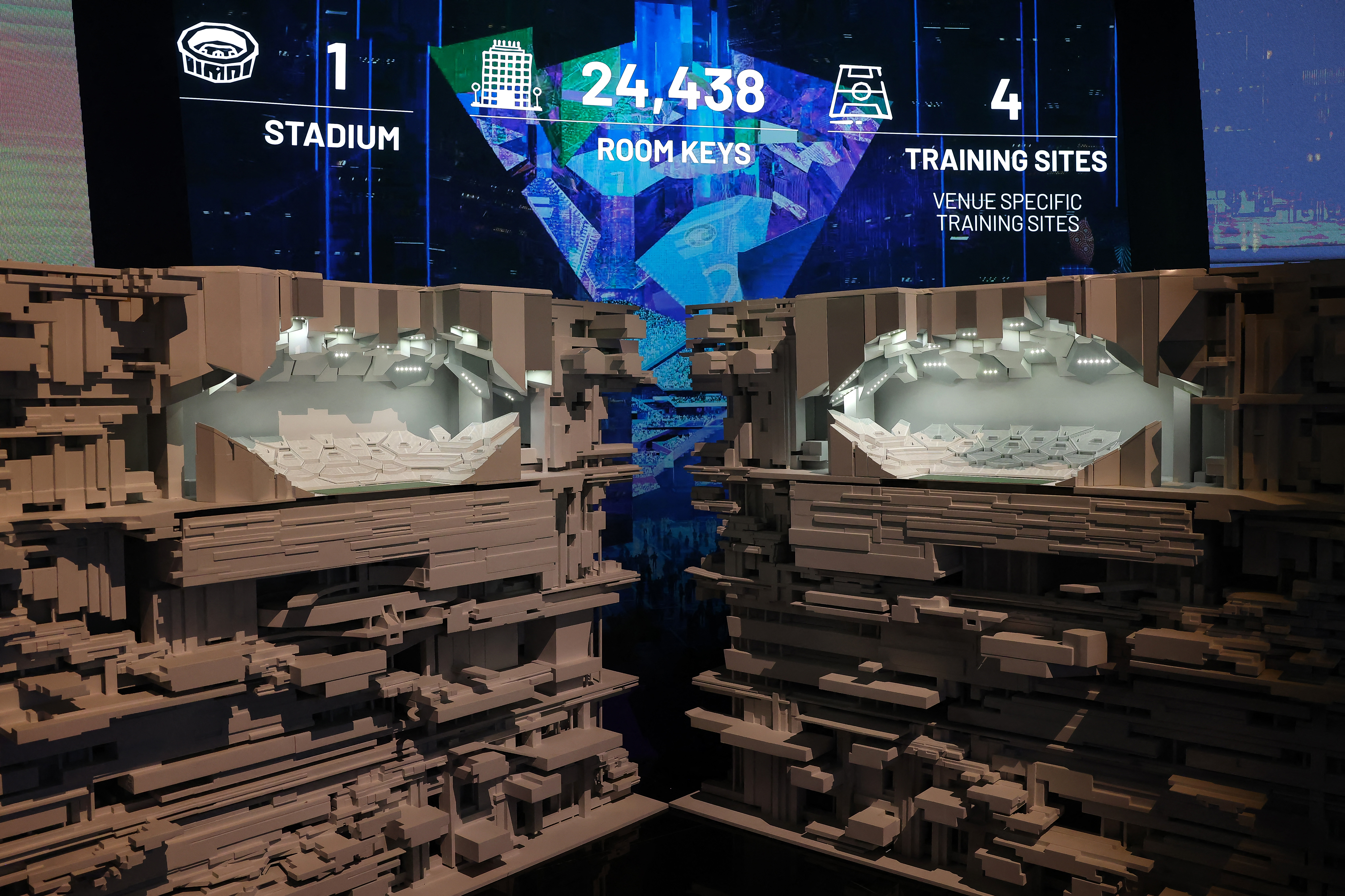 An artist illustration model of NEOM stadium in Neom in Saudi Arabia, during a media tour in the FIFA football 2034 World Cup Saudi bid exhibition in Riyadh, October 30, 2024