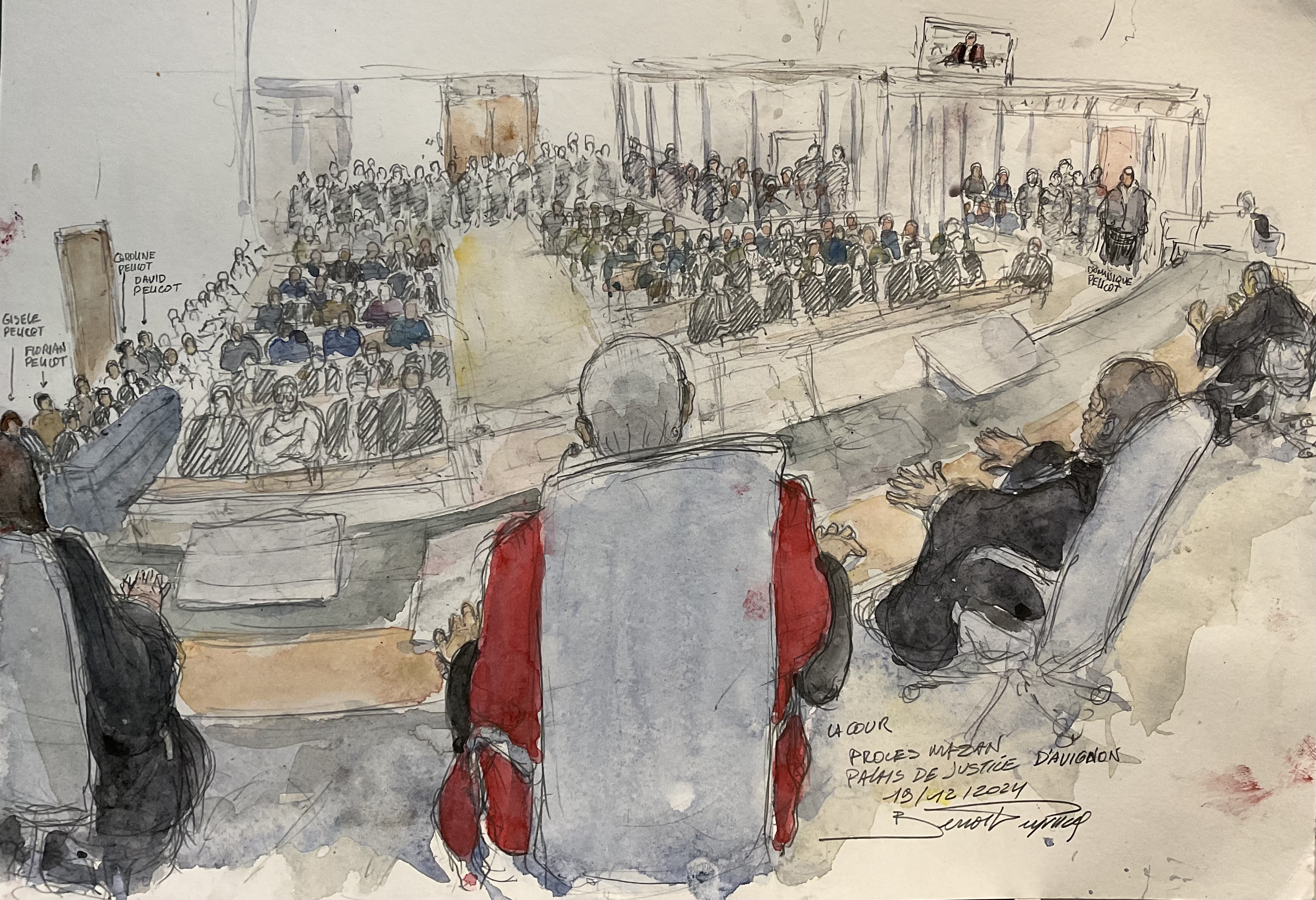 This court-sketch made on December 19, 2024 in Avignon shows the court during the hearing of the verdict of the court that sentenced Dominique Pelicot to the maximum term of 20 years jail for committing and orchestrating the mass rapes of his ex-wife Gisele Pelicot with dozens of strangers he recruited online.