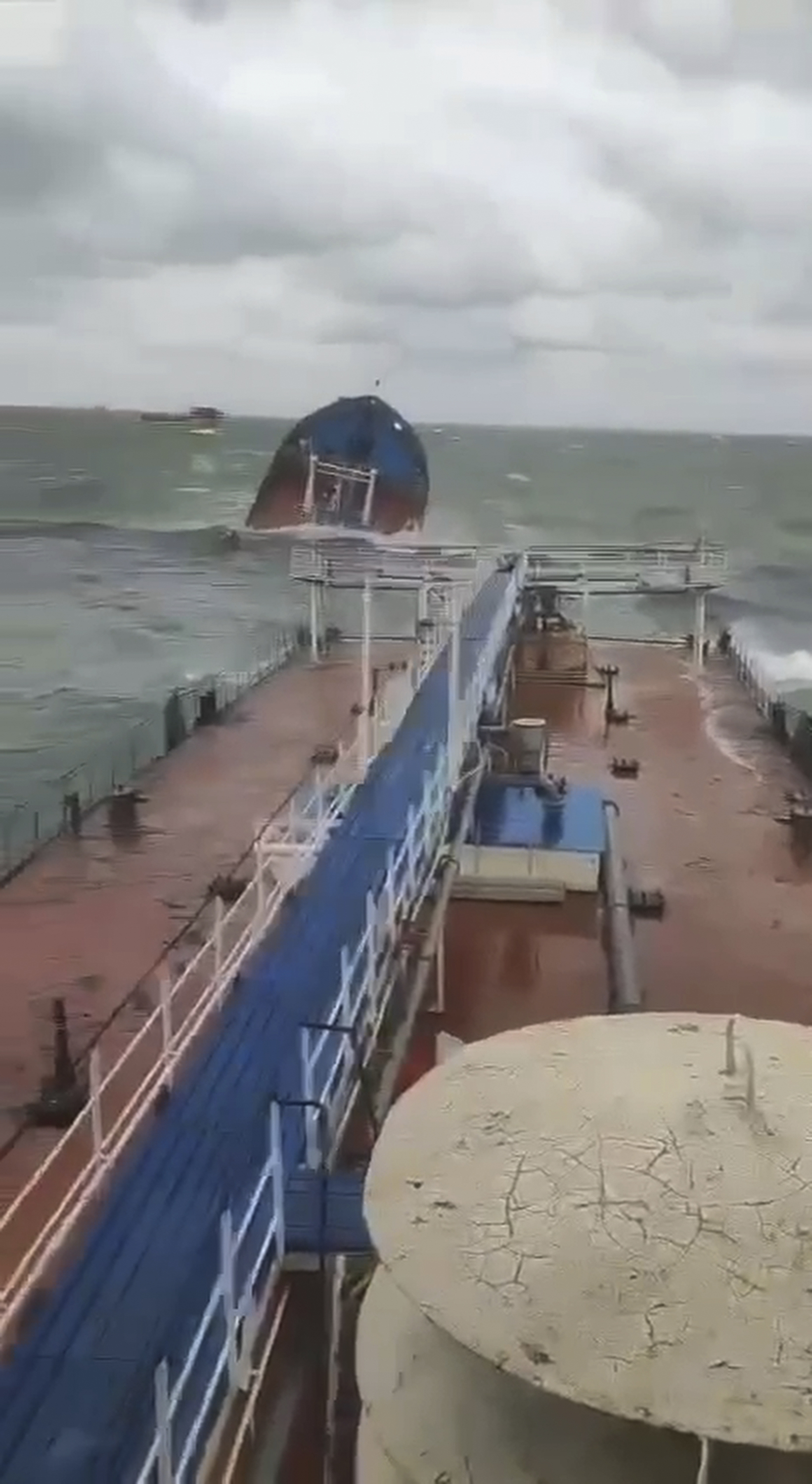 This photo taken from a video released by the Russian Southern Transport Prosecutor’s Office, shows the bow of a Volgoneft-212 tanker sinking after it was ripped away in high seas in the Kerch Strait, Russia, on Sunday, December 15, 2024 [The Russian Southern Transport Prosecutor’s Office via AP]