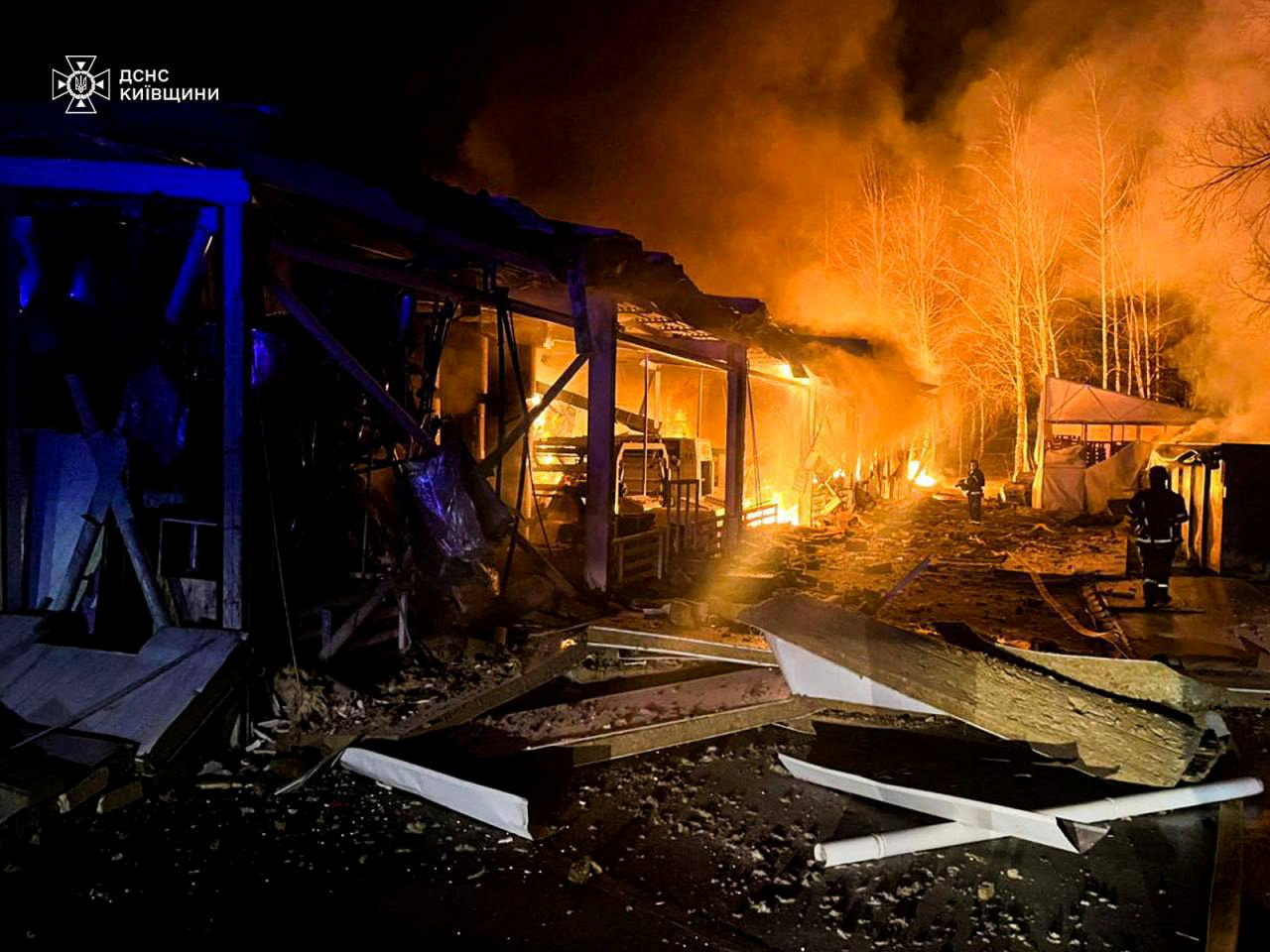 Firefighters work at a site of a Russian drone strike, amid Russia’s attack on Ukraine, in the Kyiv region, Ukraine, on January 25, 2025
