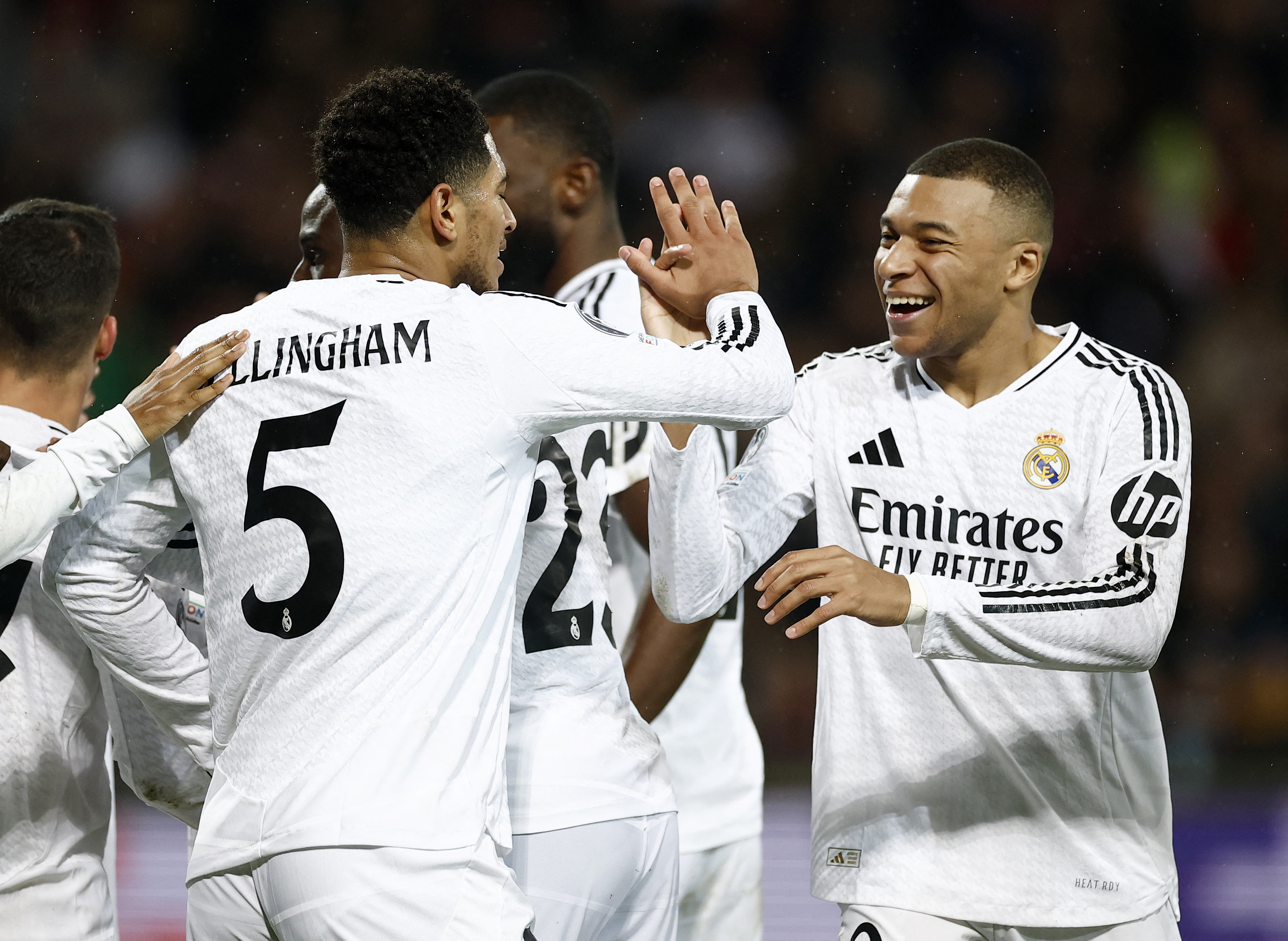 Soccer Football - Champions League - Brest v Real Madrid - Stade de Roudourou, Guingamp, France - January 29, 2025 Real Madrid's Jude Bellingham celebrates scoring their second goal with Kylian Mbappe REUTERS/Gonzalo Fuentes
