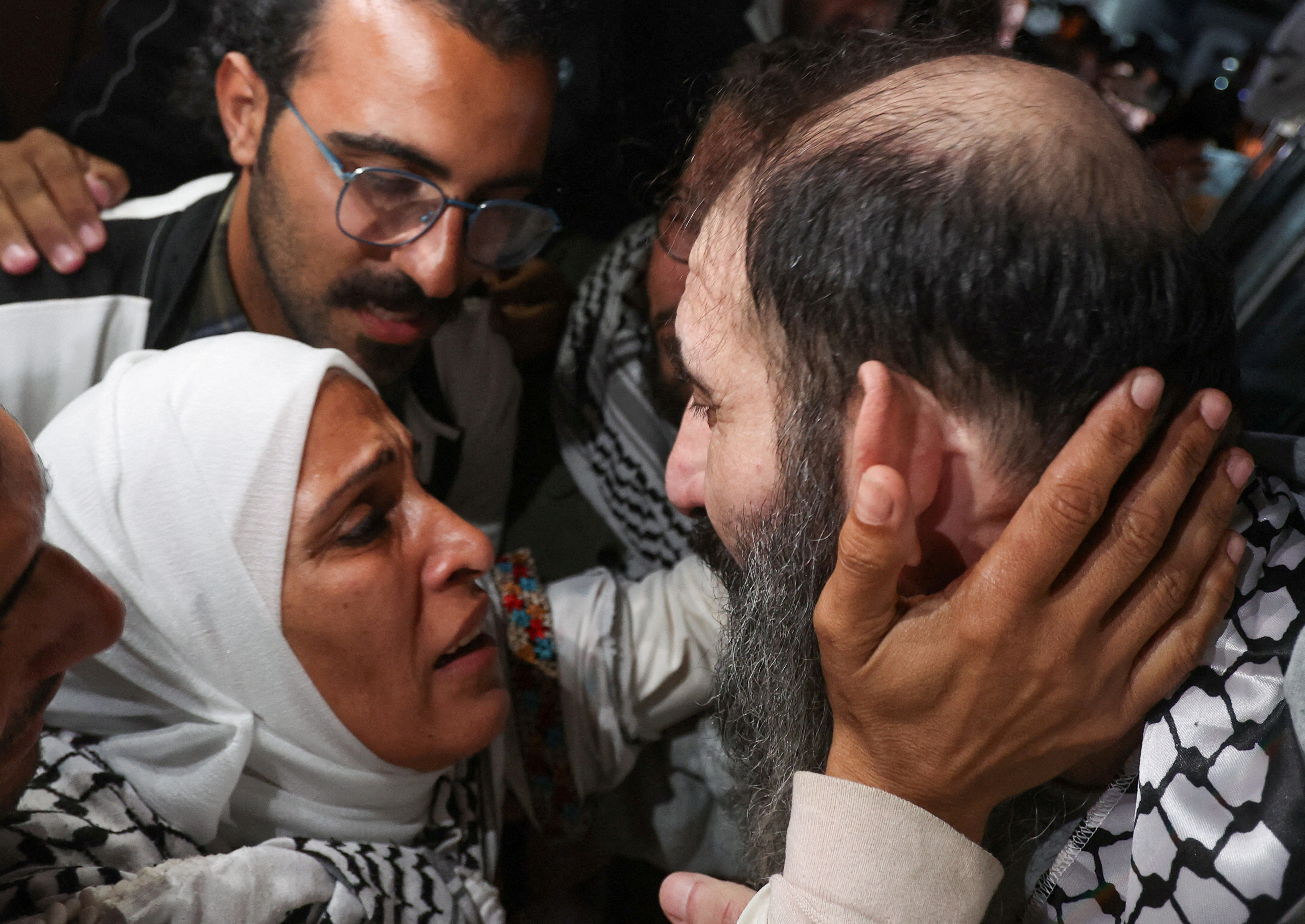 A freed Palestinian prisoner is welcomed after being released from an Israeli jail as part of a hostages-prisoners swap and a ceasefire deal in Gaza between Hamas and Israel, in Khan Younis in the southern Gaza Strip, January 30, 2025. REUTERS/Ramadan Abed TPX IMAGES OF THE DAY