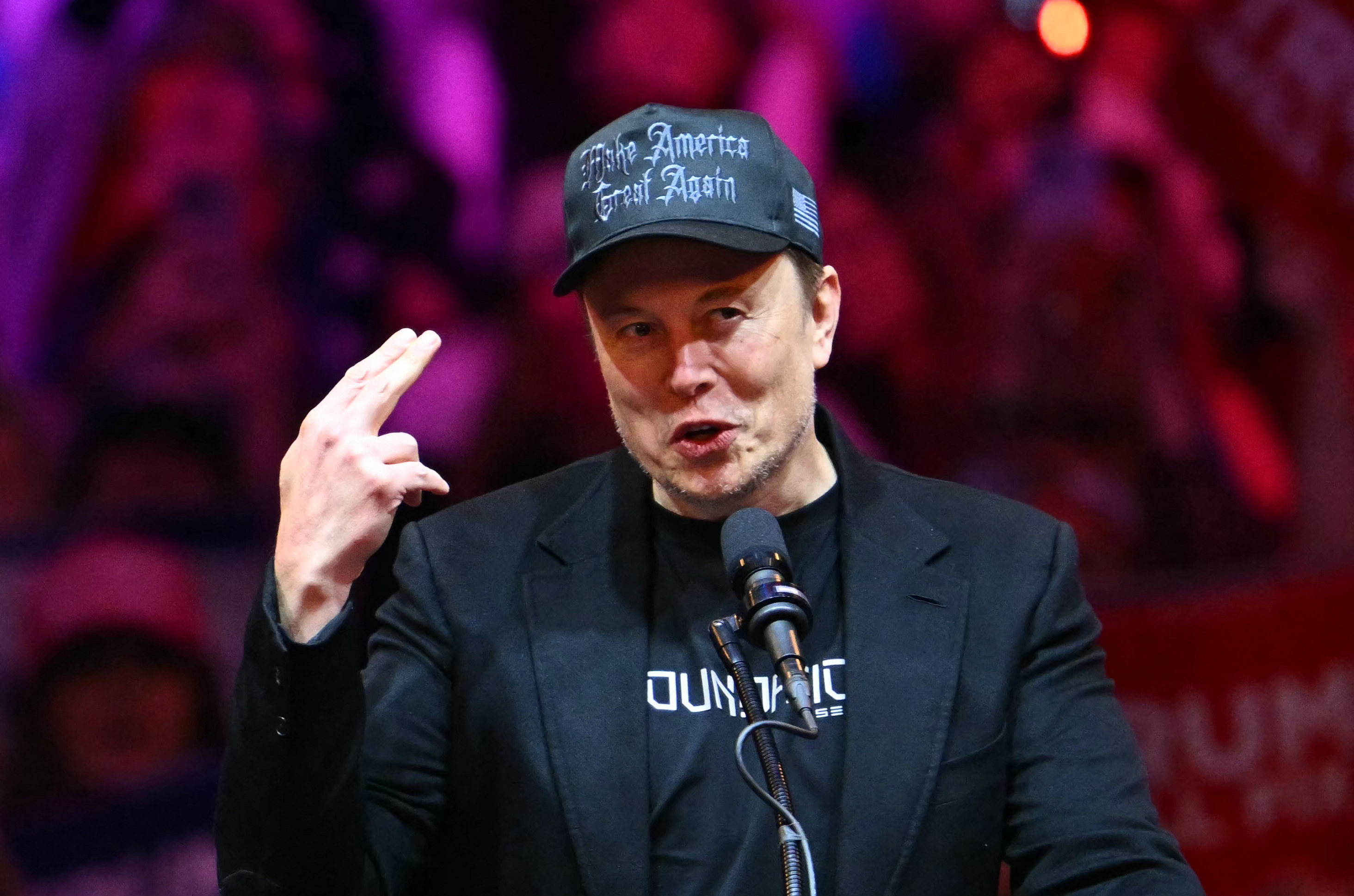 Elon Musk speaks at a rally.